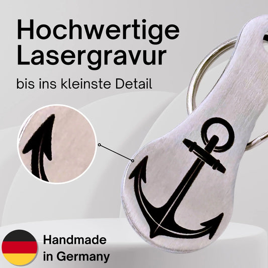 Einkaufswagenchip Schlüsselanhänger aus Edelstahl mit hochwertiger Lasergravur eines Ankers – Handmade in Germany