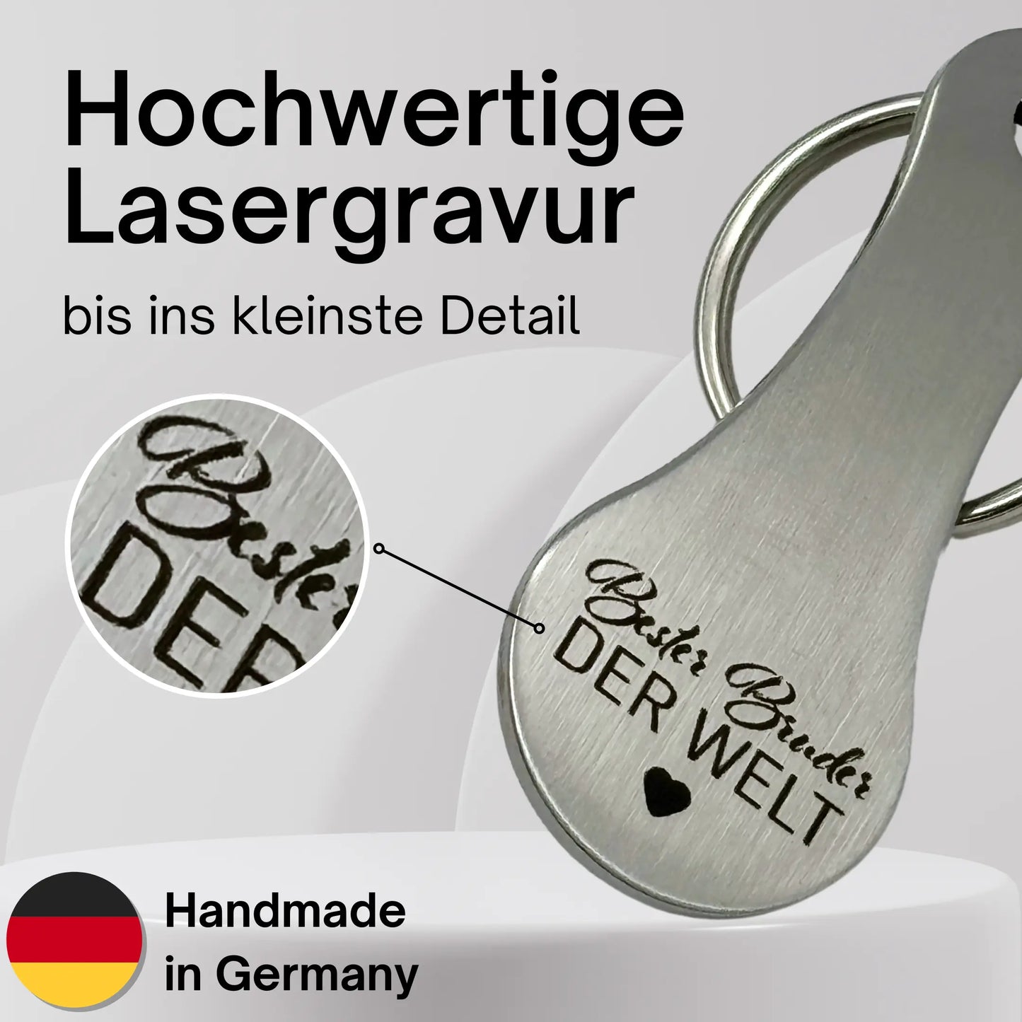 Edelstahl-Schlüsselanhänger mit Gravur „Bester Bruder der Welt“ – hochwertige Lasergravur im Detail, Handmade in Germany