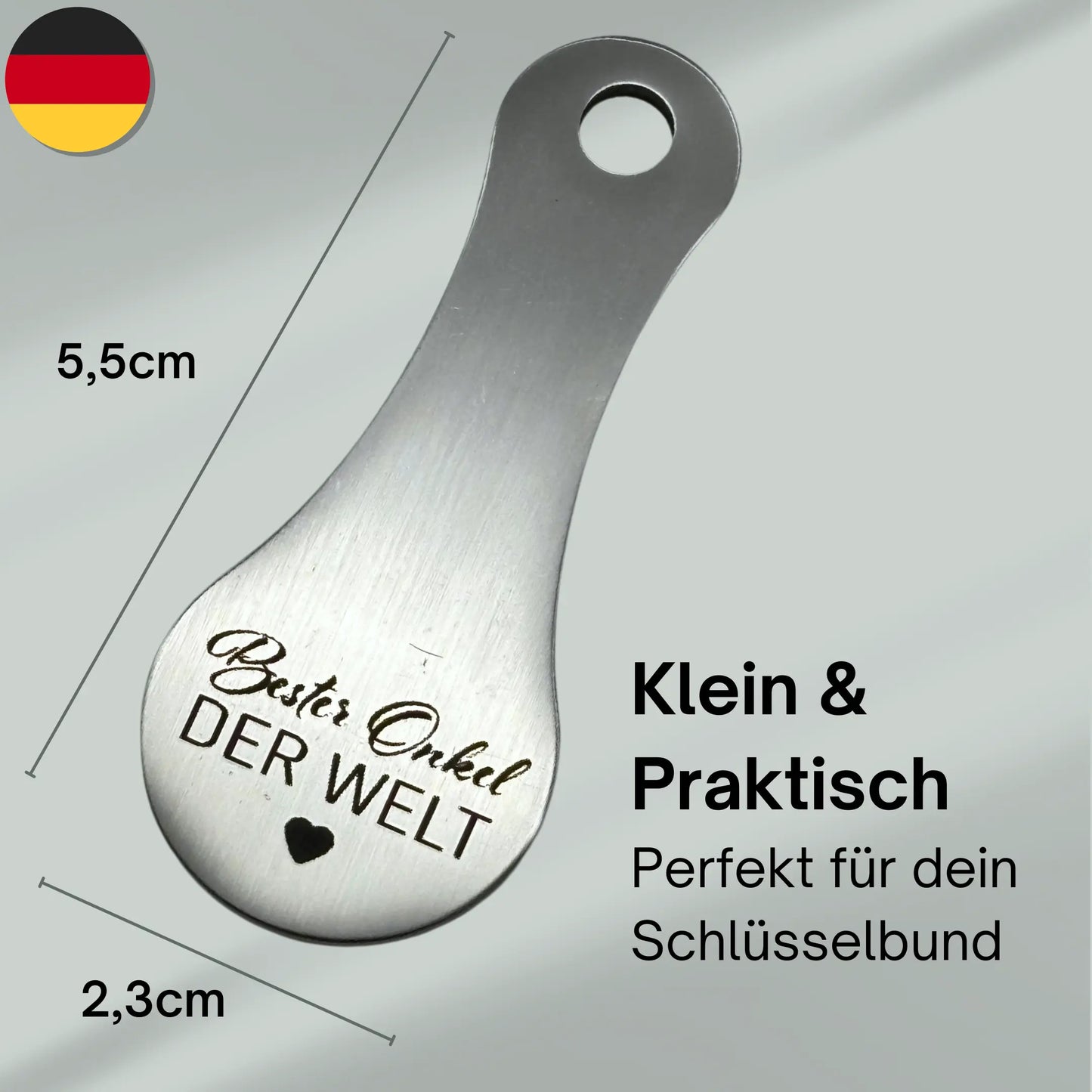 Maße des Schlüsselanhängers: 5,5 cm x 2,3 cm – gravierter Einkaufswagenlöser „Bester Onkel der Welt“ aus Edelstahl, kompakt und praktisch für den Schlüsselbund
