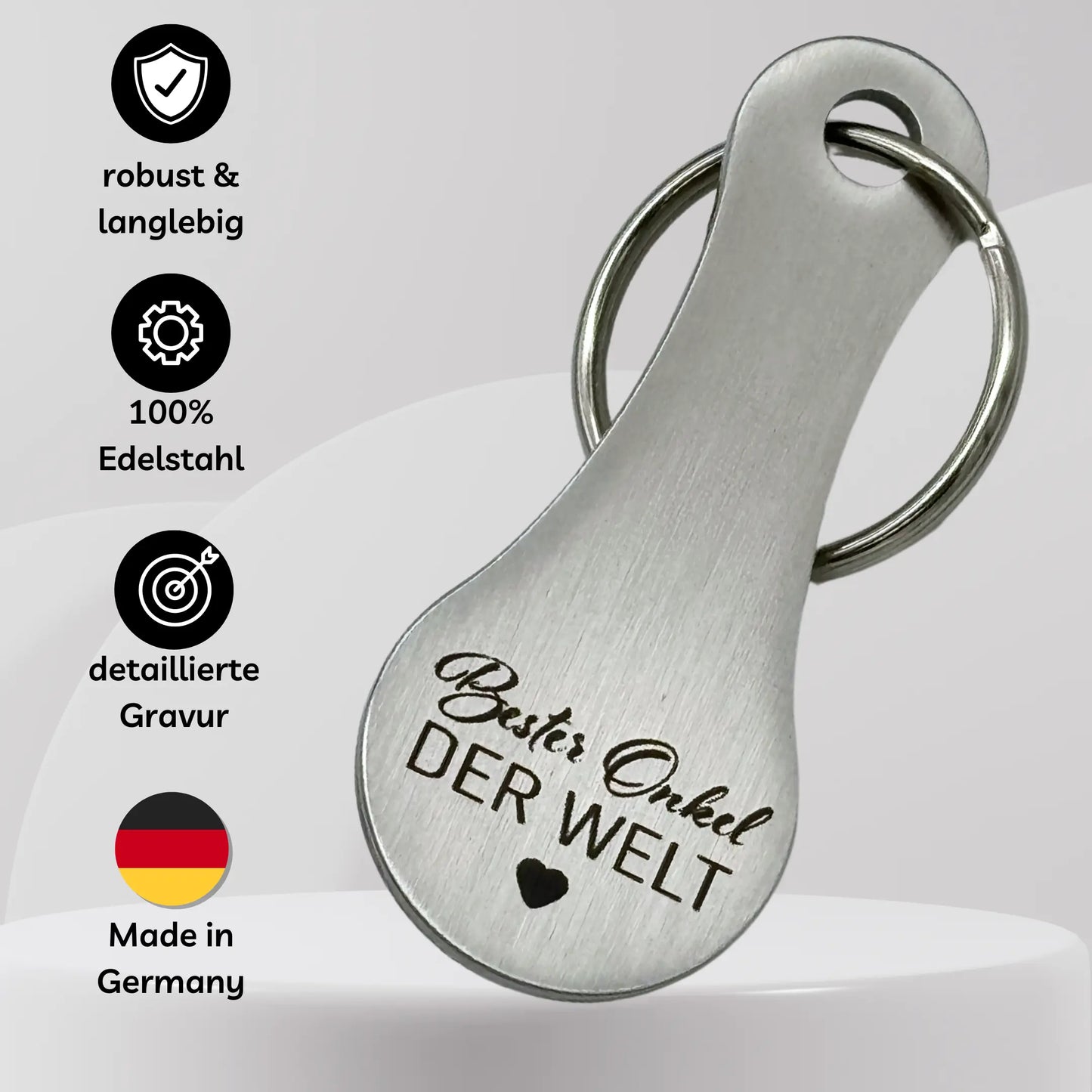 Robuster Schlüsselanhänger aus Edelstahl mit Gravur „Bester Onkel der Welt“ – langlebig, handmade in Germany, detaillierte Gravur, perfektes Geschenk