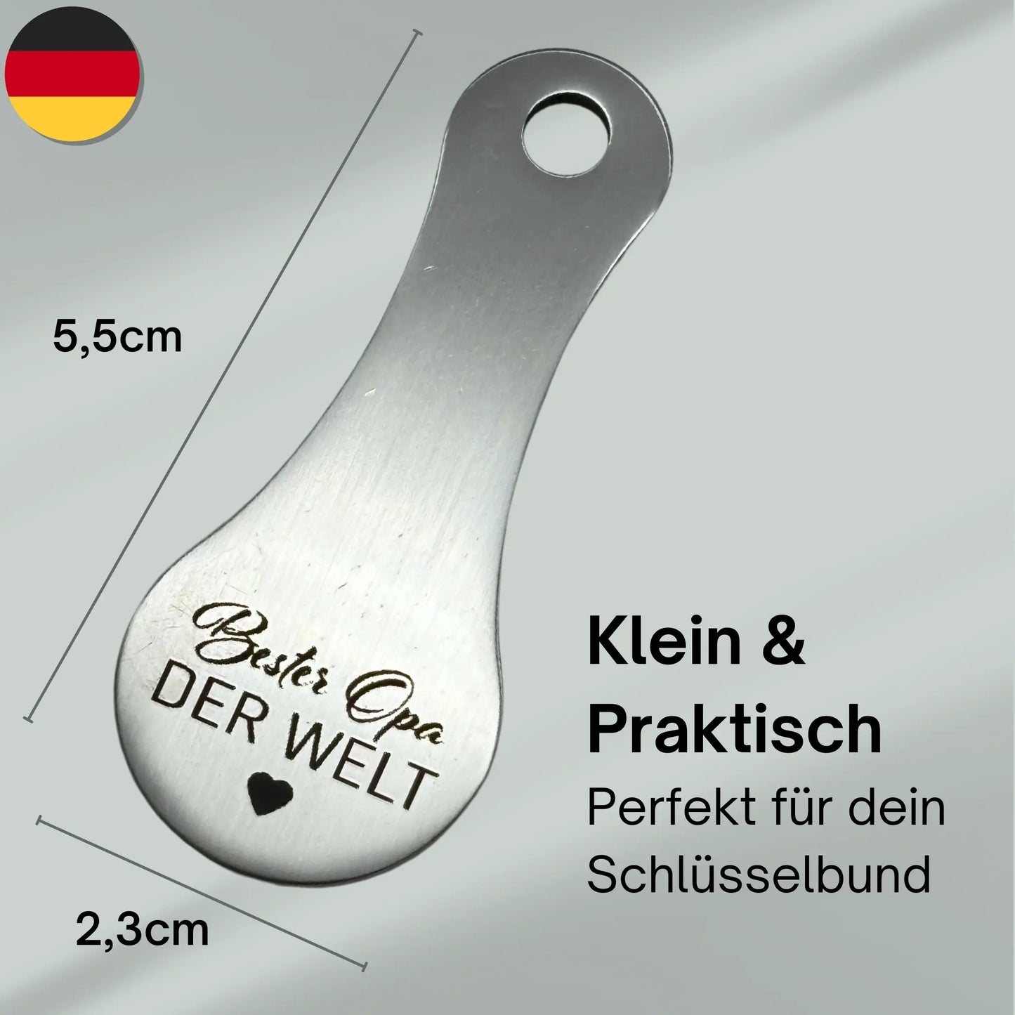 Edelstahl-Schlüsselanhänger mit Gravur „Bester Opa der Welt“ – kompakte Maße 5,5 cm x 2,3 cm, ideal für den Schlüsselbund