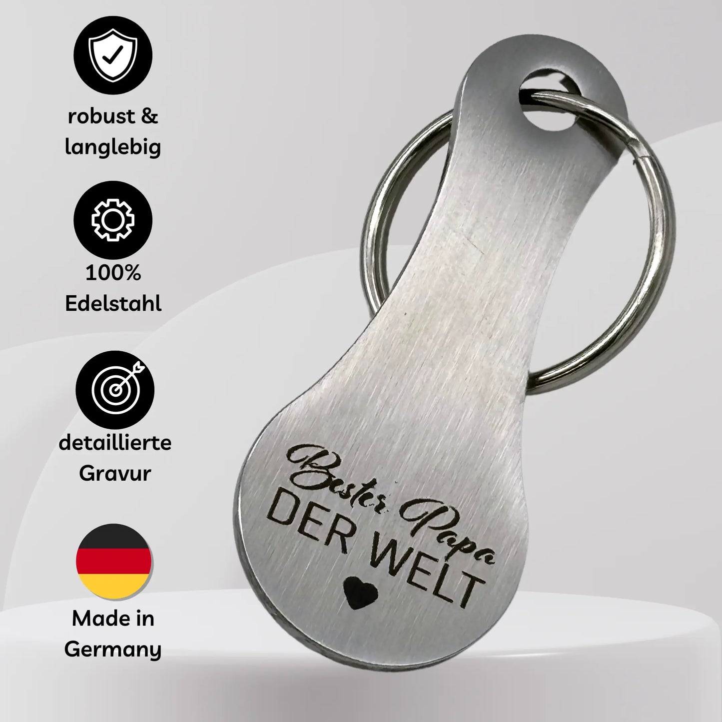 Vorteile des Einkaufswagenchips "Bester Papa der Welt" – langlebig, 100 % Edelstahl, präzise Gravur, made in Germany