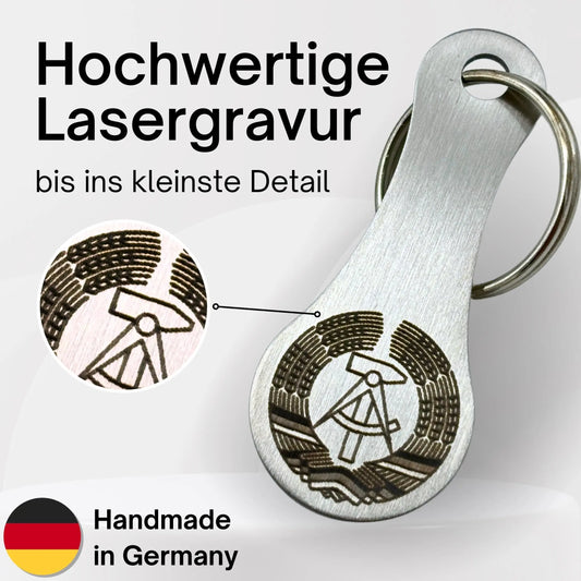 Einkaufswagenchip mit DDR-Wappen – hochwertige Lasergravur mit feinen Details, handgefertigt in Deutschland