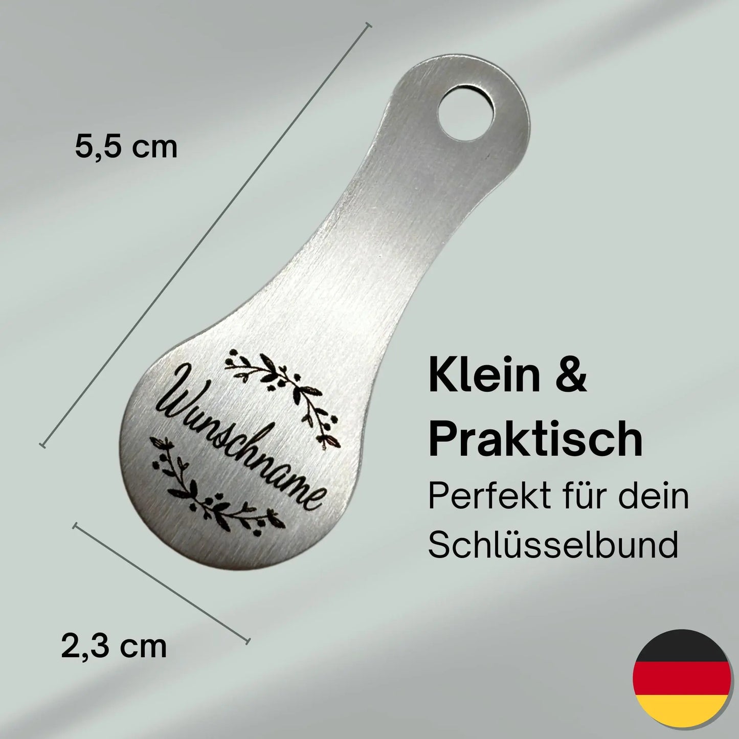 Größenangaben Schlüsselanhänger Einkaufswagenlöser mit Gravur Blätterkranz