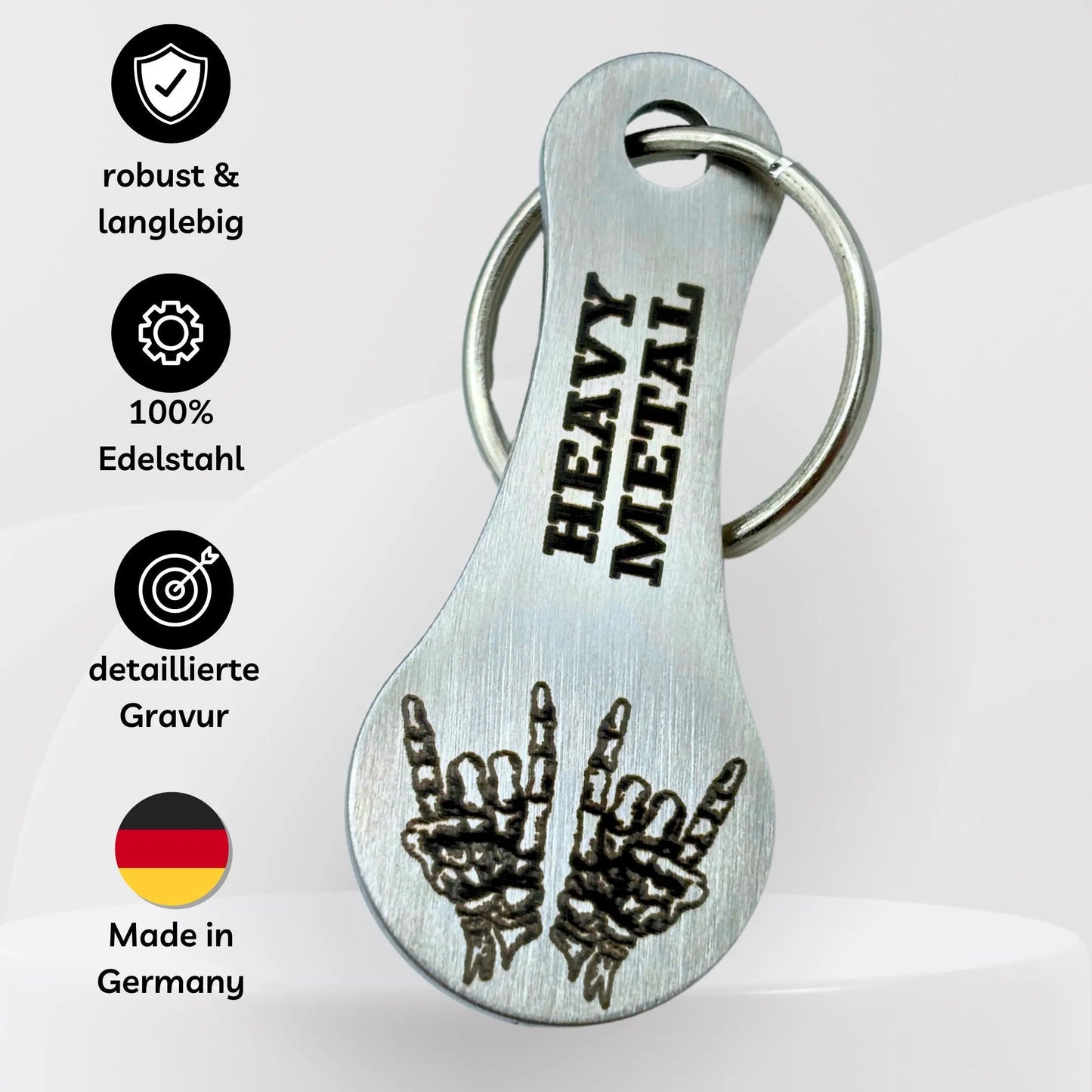 Schlüsselanhänger Heavy Metal aus Edelstahl – robust, langlebig, detailreiche Gravur
