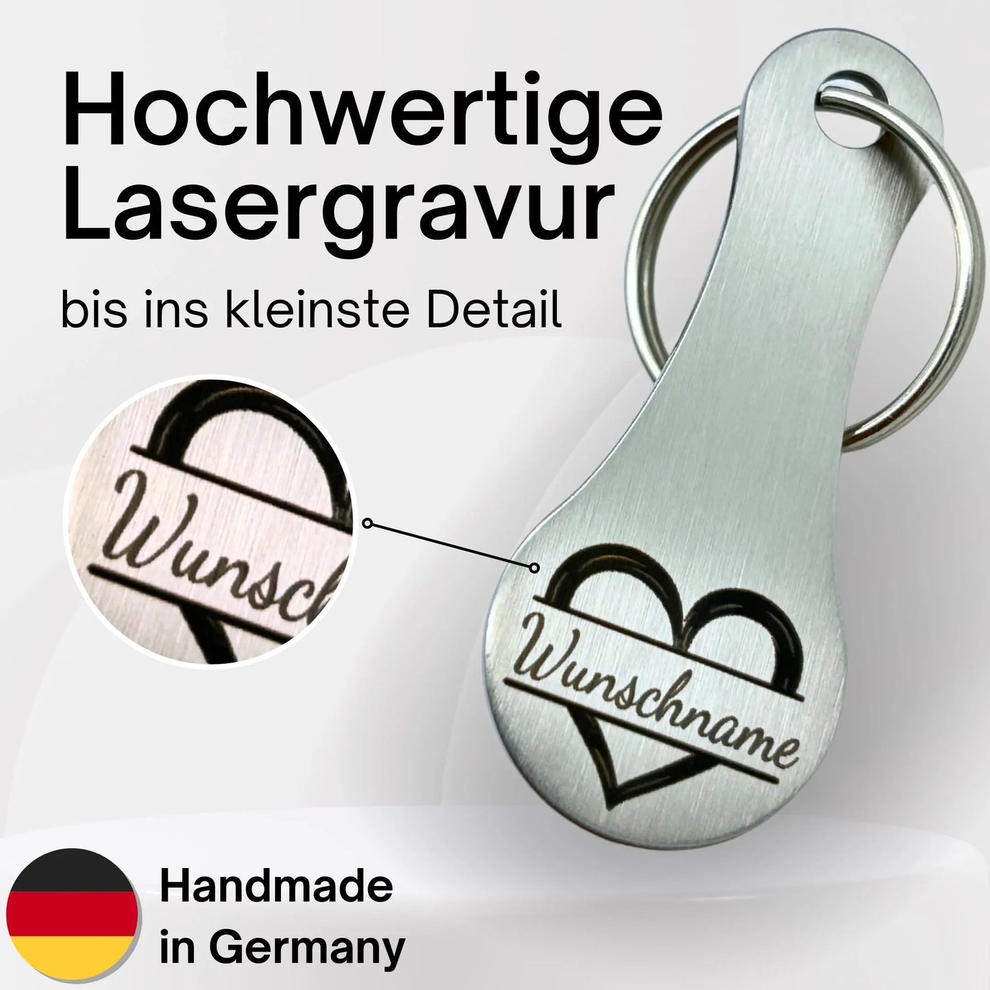 Detailaufnahme Herz Gravur – Einkaufswagenchip mit Wunschnamen