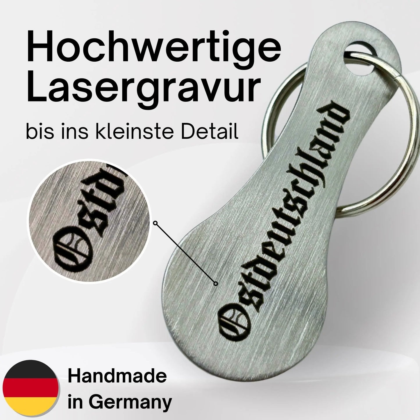Hochwertige Lasergravur auf Edelstahl Einkaufswagenlöser „Ostdeutschland“ – Handmade in Germany