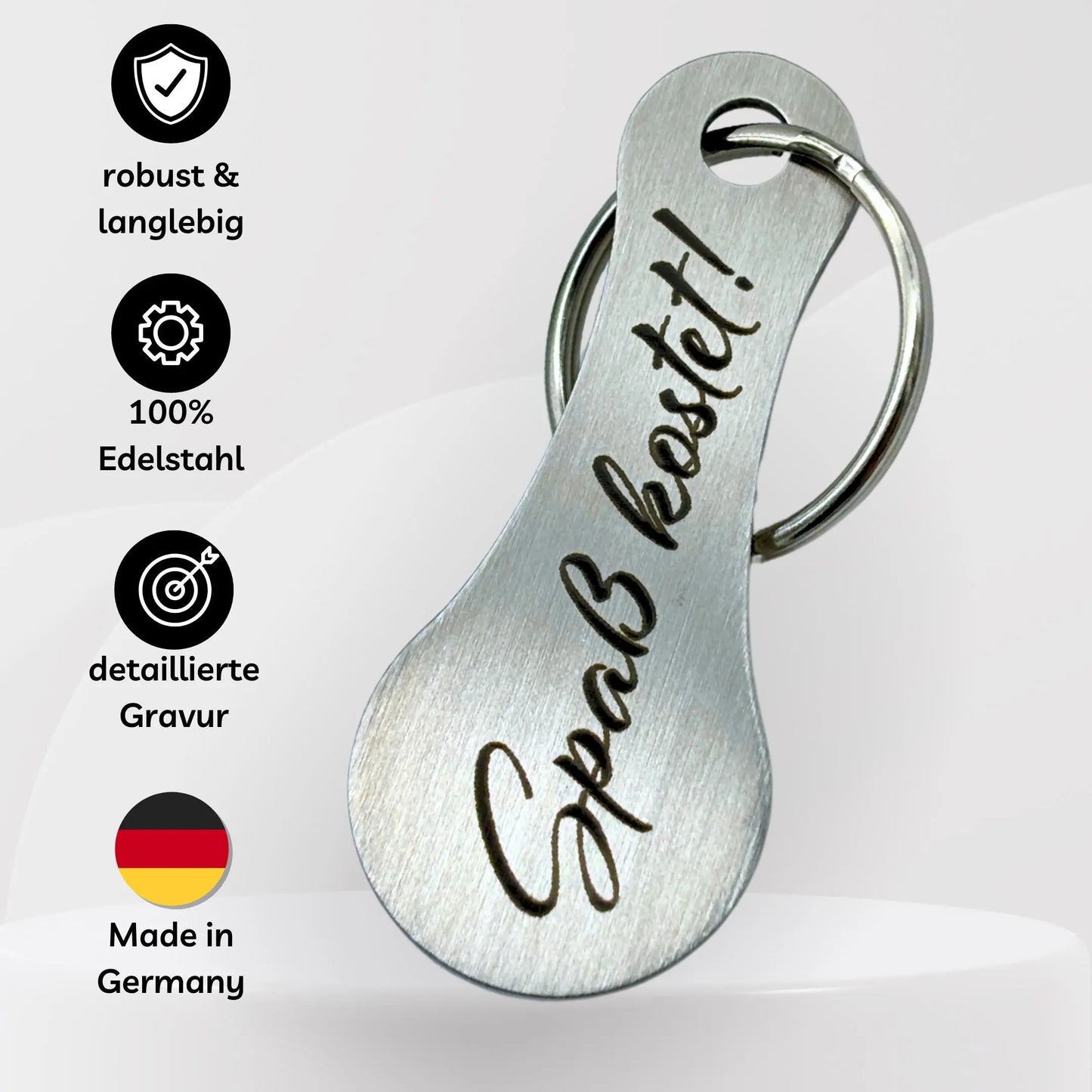 Schlüsselanhänger Einkaufswagenlöser „Spaß kostet!“ – robust, langlebig, Edelstahl