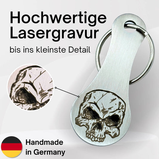 Einkaufswagenlöser mit Totenkopf Gravur aus Edelstahl – hochwertige Lasergravur, handgefertigt in Deutschland