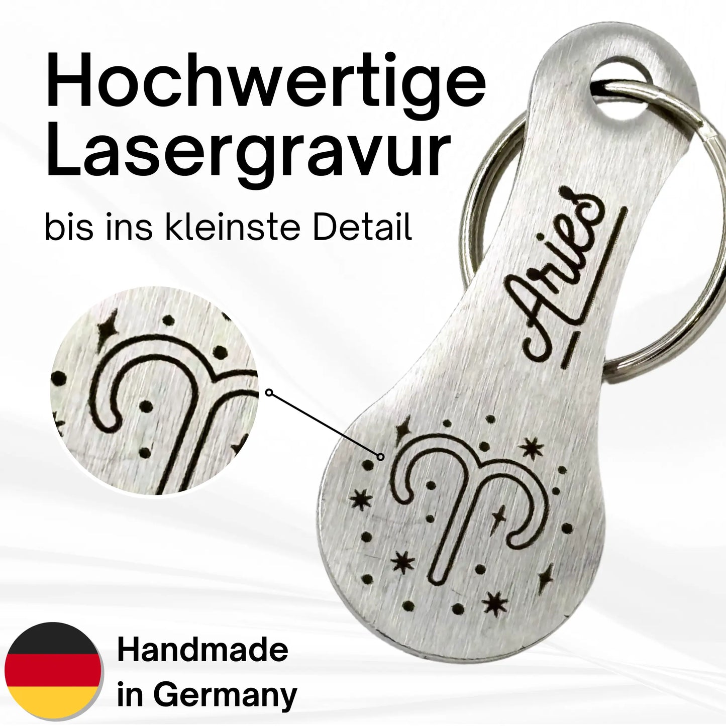 Hochwertige Lasergravur Sternzeichen Aries auf Edelstahl Einkaufswagenlöser – handmade in Germany mit feinsten Gravurdetails