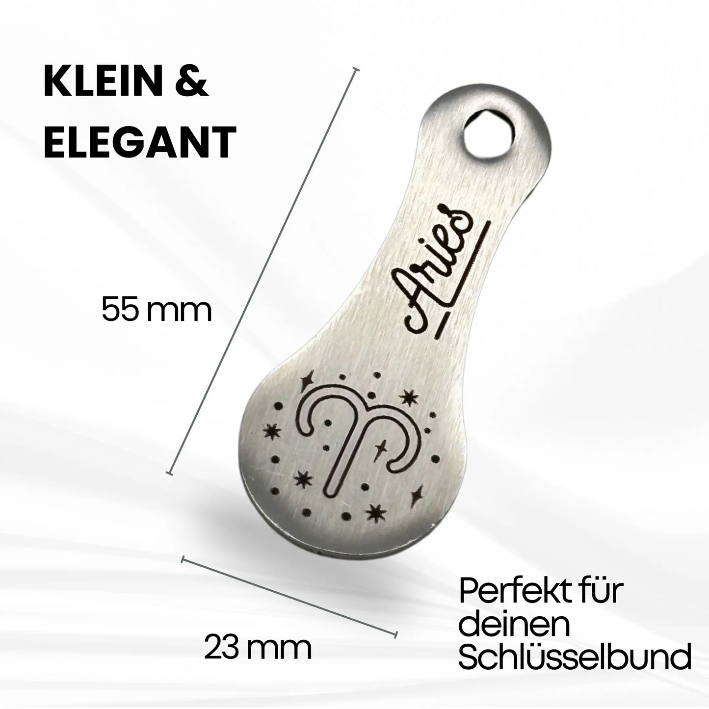 Kleiner und eleganter Einkaufswagenlöser Aries (Widder) – 55 x 23 mm Edelstahl Anhänger, ideal für den Schlüsselbund