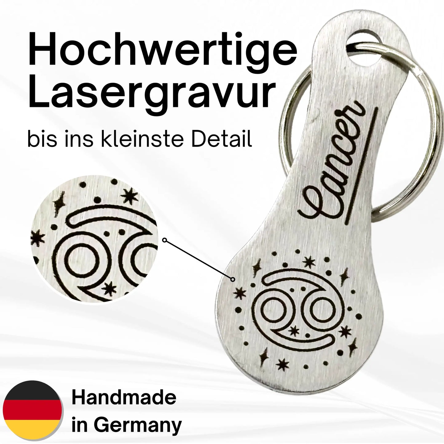 Detailansicht: Hochwertiger Einkaufswagenlöser Krebs mit präziser Lasergravur – Handmade in Germany
