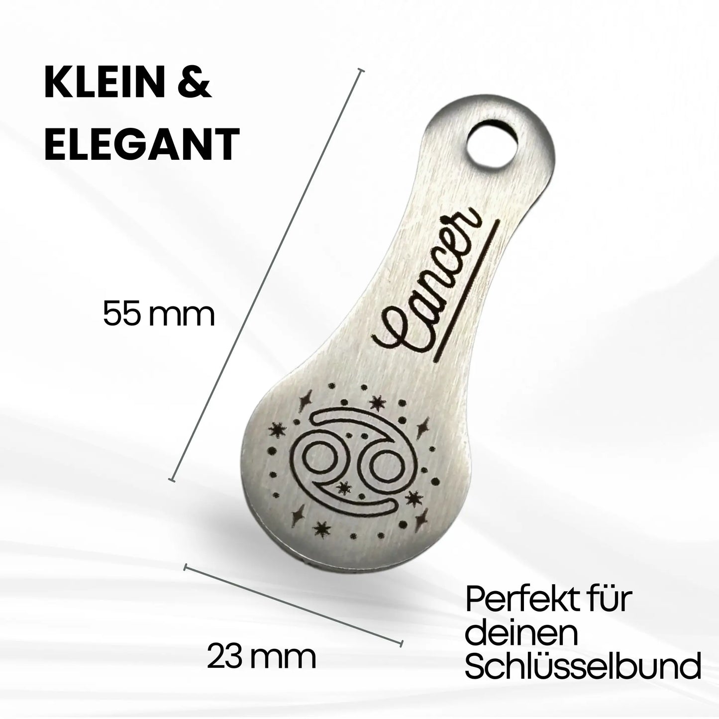 Kompakter Einkaufswagenchip Krebs mit Gravur – Edelstahl-Schlüsselanhänger 55 x 23 mm, ideal für unterwegs
