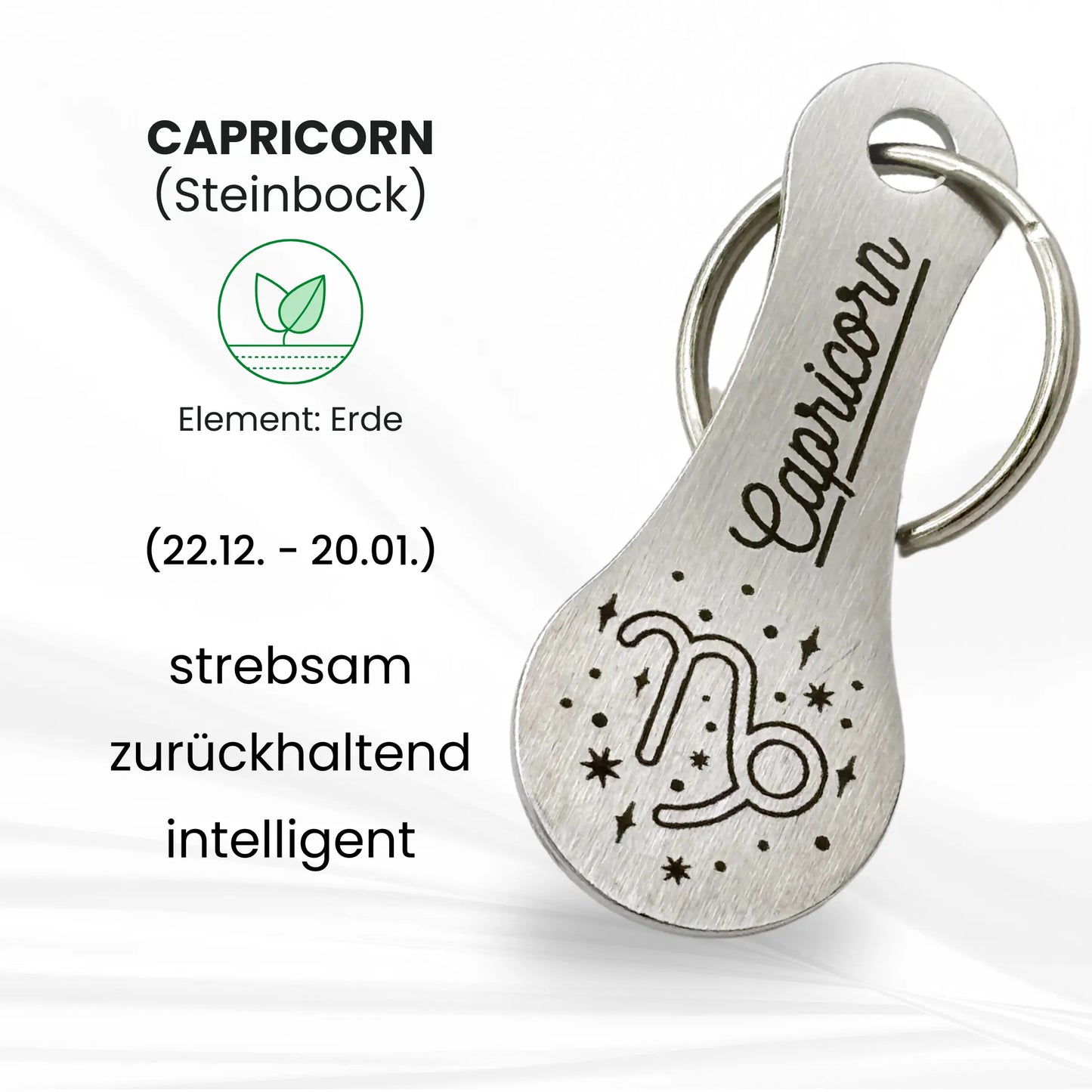 Sternzeichen Capricorn (Steinbock) Einkaufswagenchip mit Gravur – Eigenschaften: strebsam, zurückhaltend, intelligent – Element Erde – Zeitraum 22.12. bis 20.01.