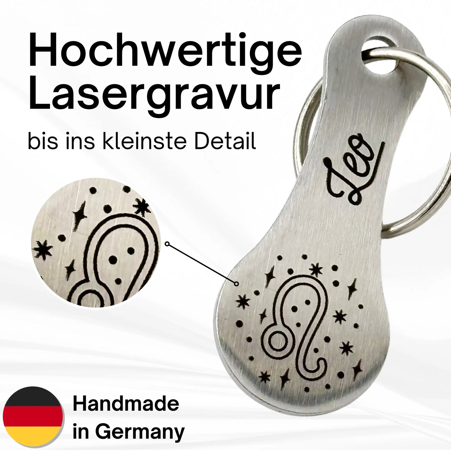 Handgefertigter Leo Einkaufswagenlöser – präzise Lasergravur Sternzeichen Löwe auf Edelstahl, Made in Germany