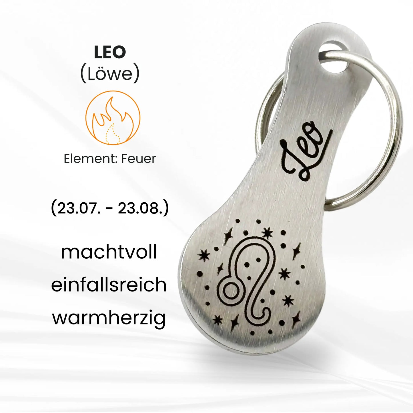 Sternzeichen Löwe Schlüsselanhänger – Leo Einkaufswagenlöser aus Edelstahl mit Gravur, inklusive Eigenschaften wie machtvoll, einfallsreich, warmherzig
