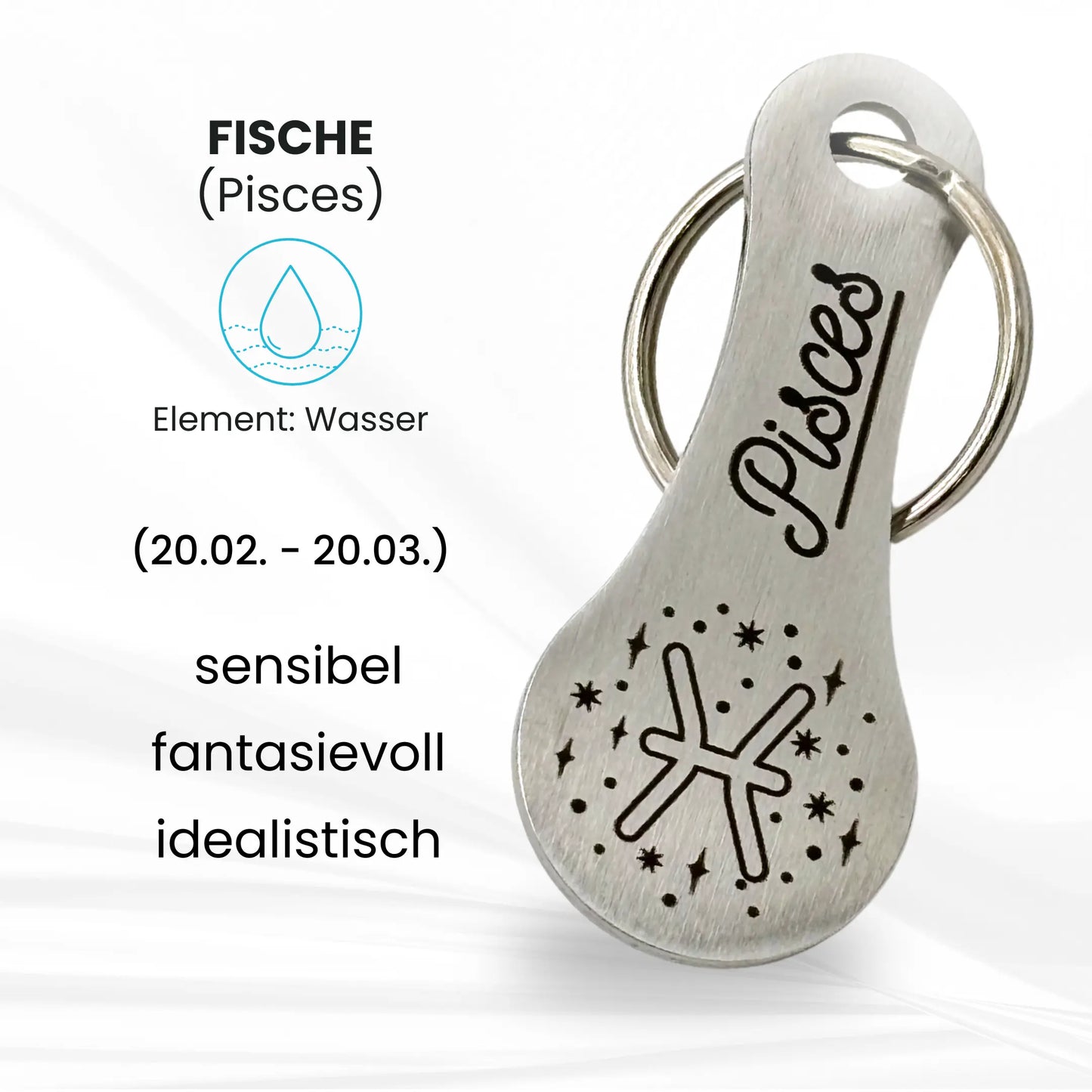 Sternzeichen Schlüsselanhänger Fische mit Eigenschaften – sensibel, fantasievoll, idealistisch, Gravur auf Edelstahl