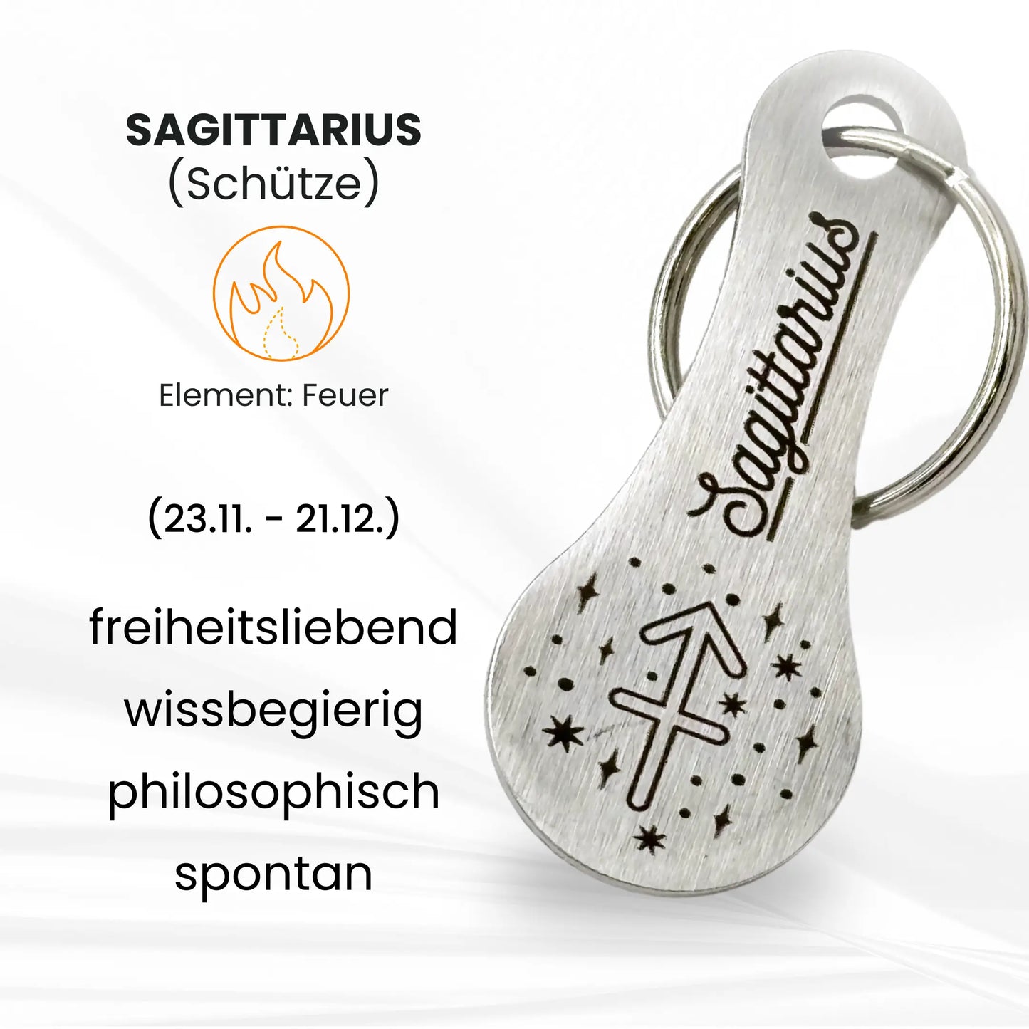 Einkaufswagenlöser mit Sternzeichen Sagittarius (Schütze) – mit Gravur, Eigenschaften, Datum (23.11.–21.12.) und Element Feuer.