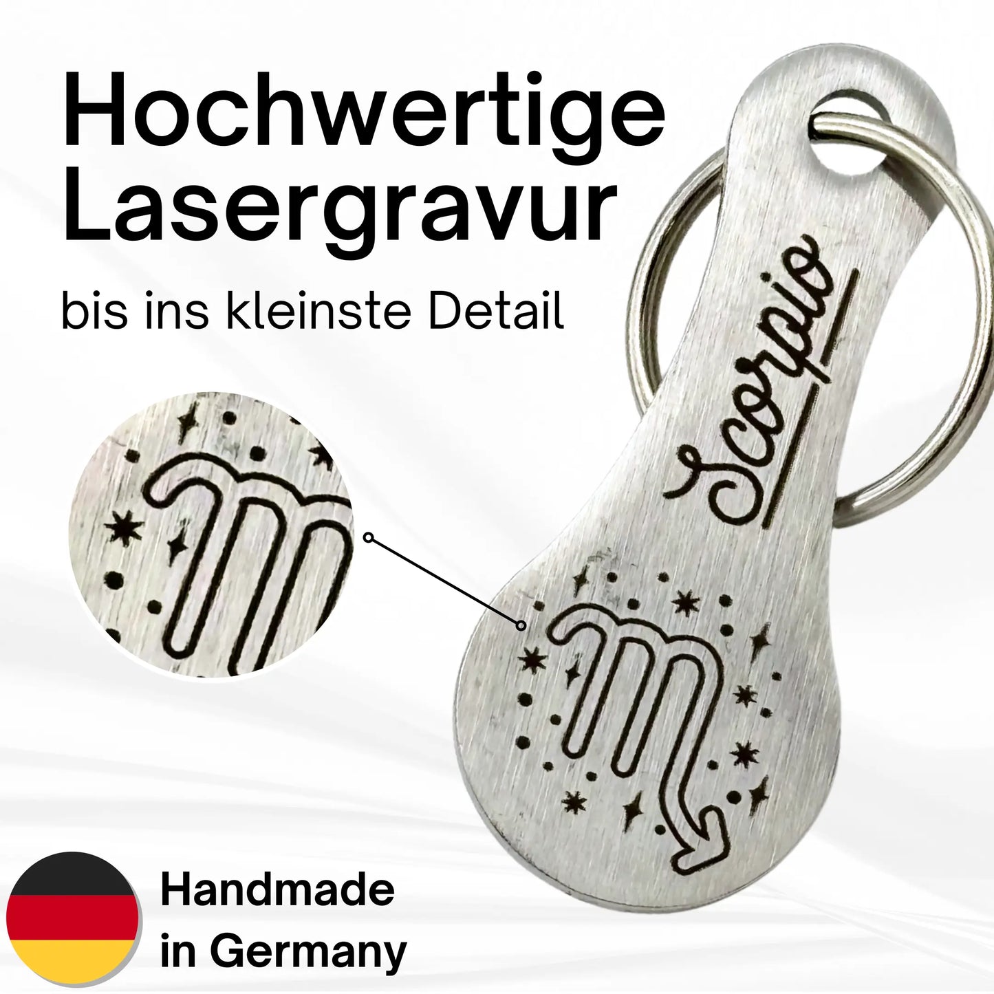 Edelstahl Einkaufswagenlöser Skorpion – präzise Lasergravur bis ins kleinste Detail, handmade in Germany.