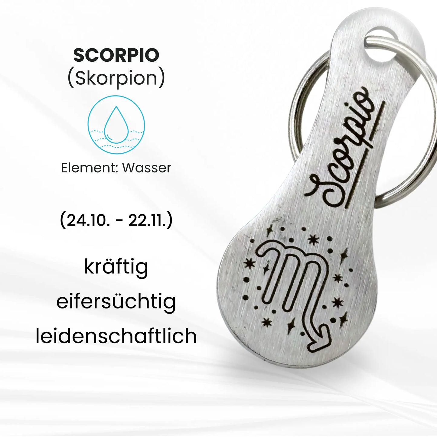 Sternzeichen Skorpion Einkaufswagenlöser mit Gravur – kräftig, eifersüchtig, leidenschaftlich – perfektes Geschenk für Skorpione.