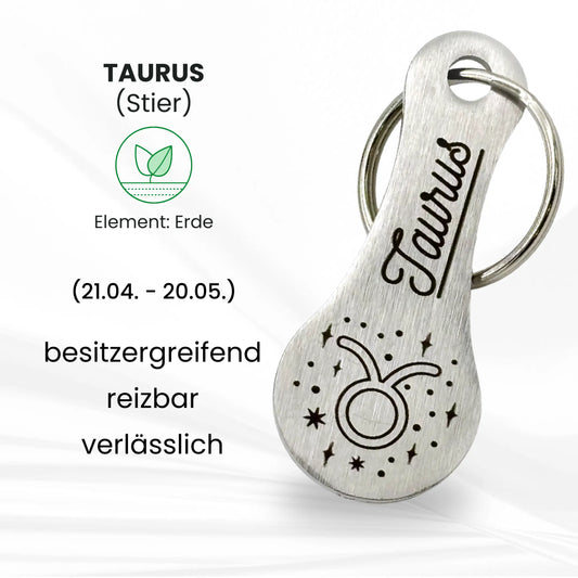 Edelstahl Einkaufswagenlöser mit Sternzeichen Taurus – Stier Gravur, Element Erde, Eigenschaften: besitzergreifend, reizbar, verlässlich