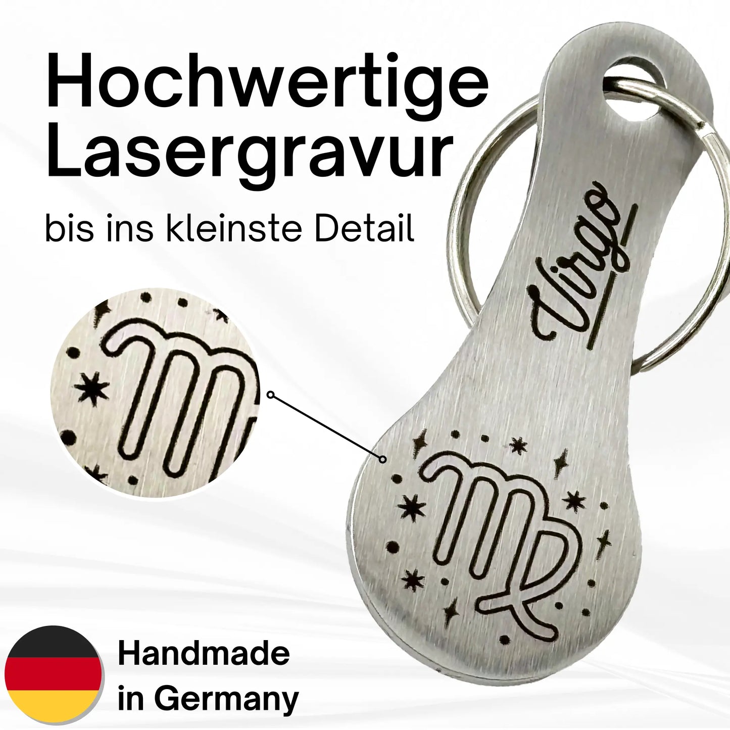 Detailaufnahme des gravierten Sternzeichens Jungfrau auf einem Einkaufswagenchip aus Edelstahl – präzise Lasergravur, handmade in Germany