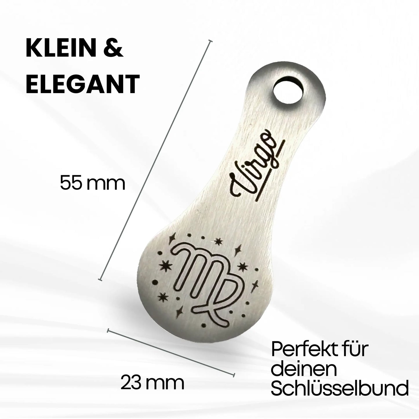 Kleiner und eleganter Schlüsselanhänger aus Edelstahl mit Jungfrau-Motiv – 55 x 23 mm, perfekt für den Schlüsselbund