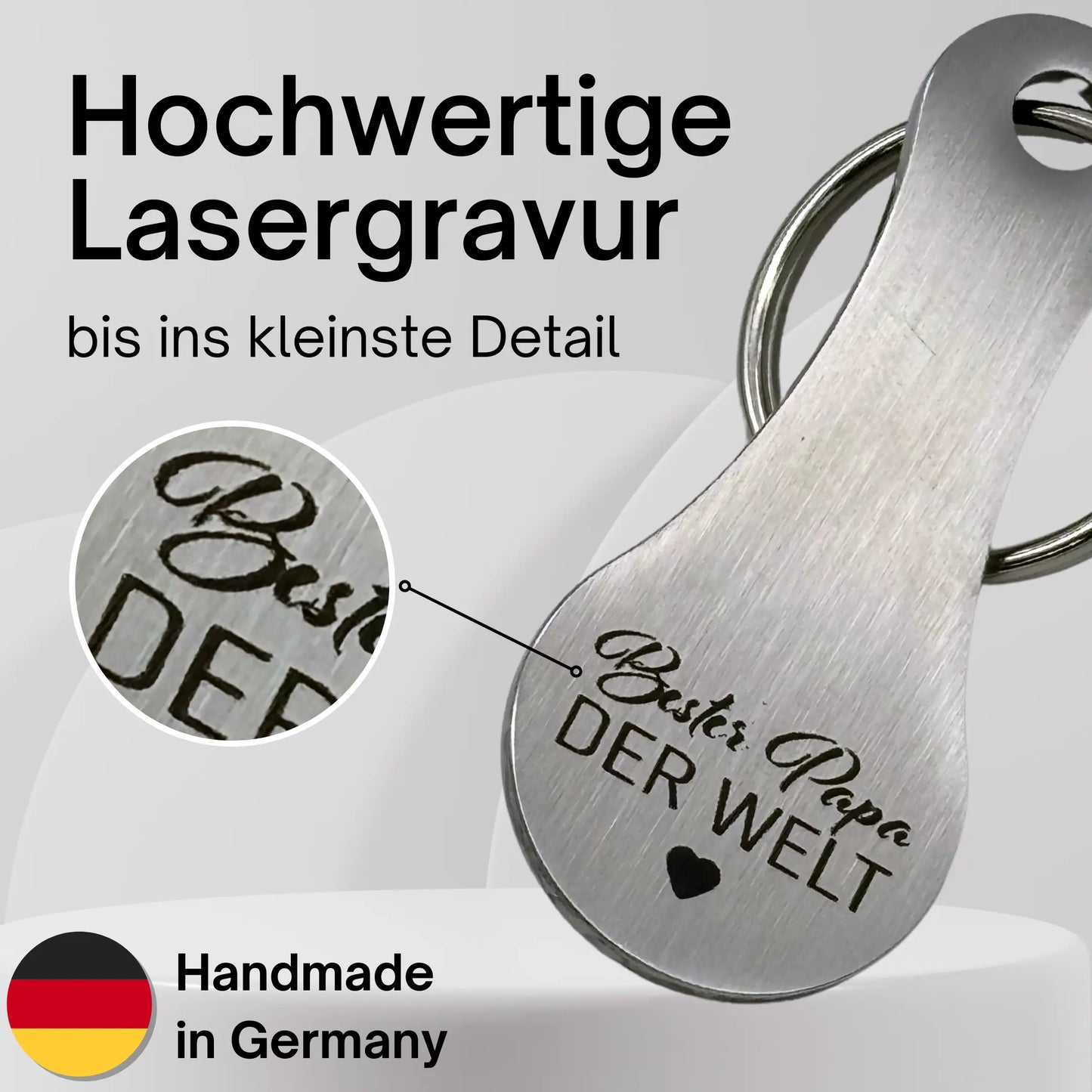 Detailansicht hochwertige Lasergravur auf Edelstahl Schlüsselanhänger "Bester Papa der Welt" – handgefertigt in Deutschland
