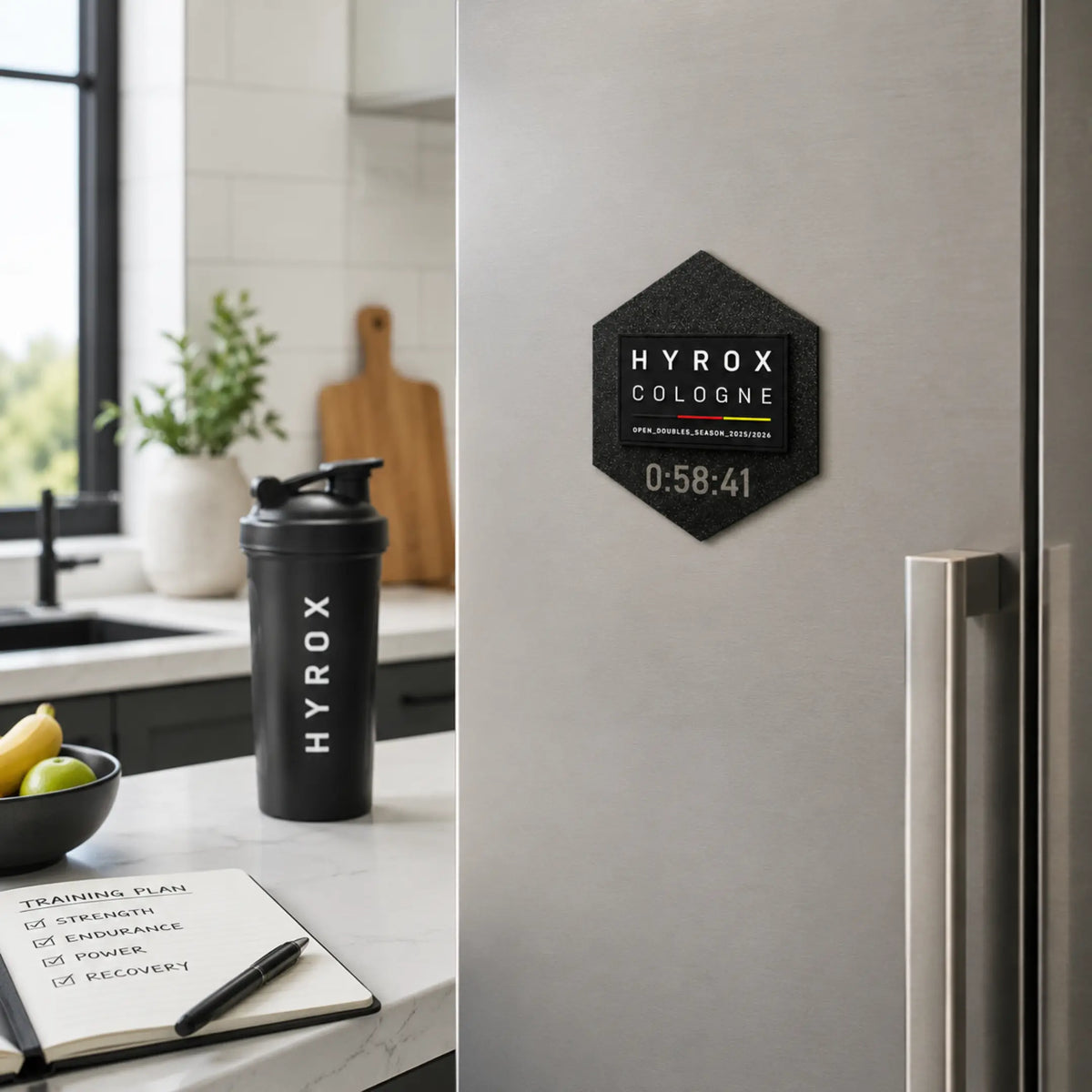 HYROX Patch Magnet mit personalisierter Zeit am Kühlschrank im modernen Zuhause
