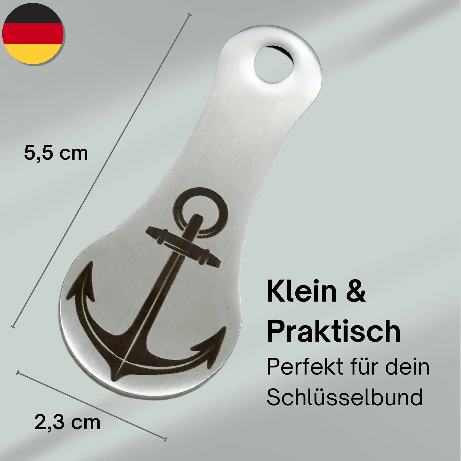 Kleiner und praktischer Einkaufswagenlöser aus Edelstahl mit Ankergravur – 5,5 x 2,3 cm – ideal für den Schlüsselbund