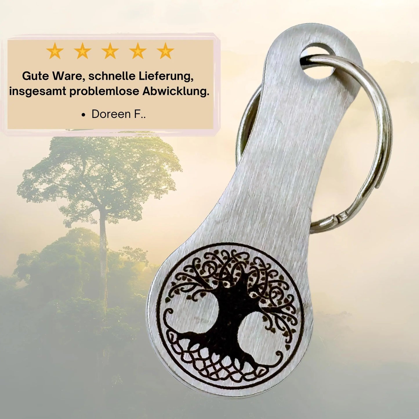 Geschenkidee mit Symbolik – Einkaufswagenchip mit Lebensbaum aus Edelstahl, empfohlen von zufriedener Kundin
