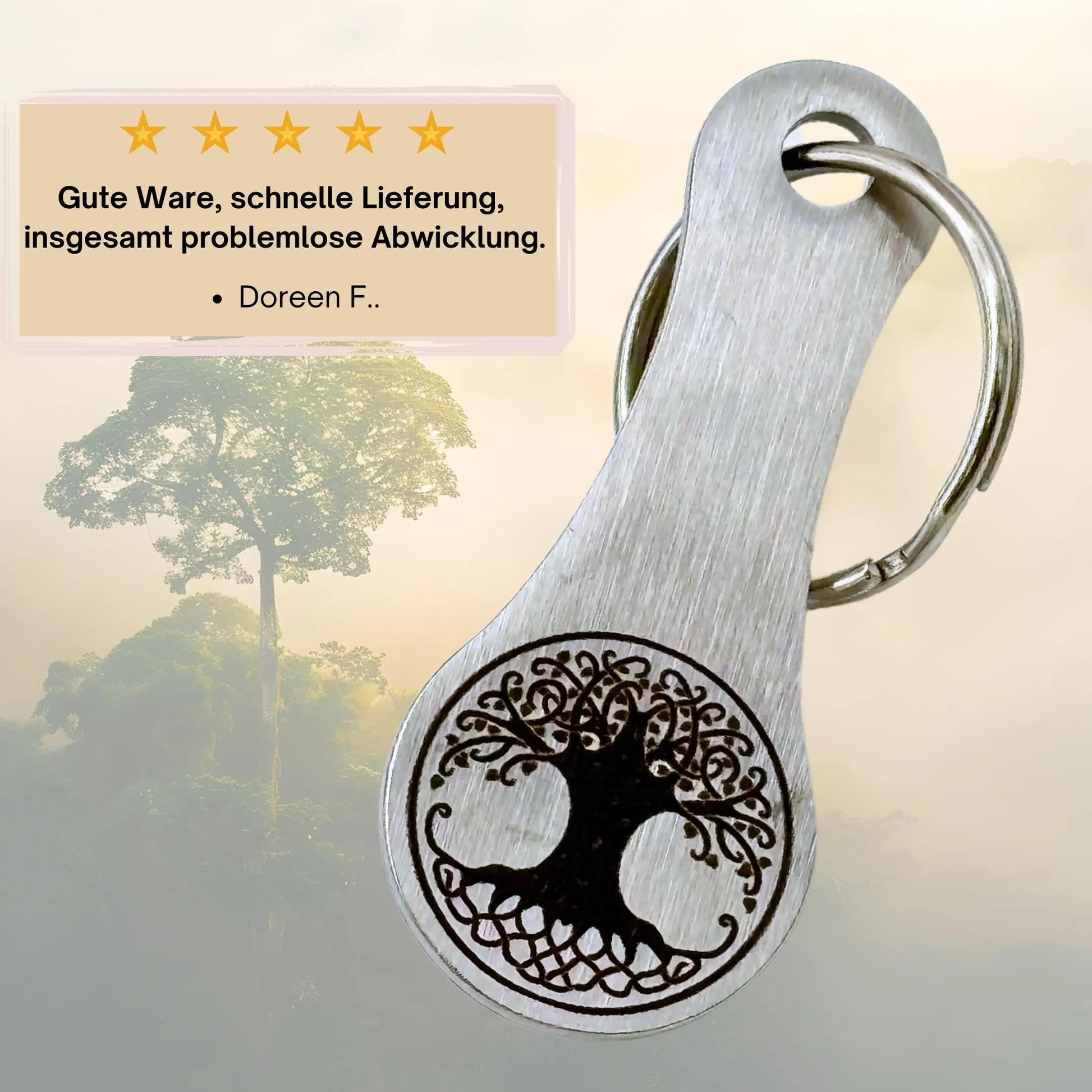 Geschenkidee mit Symbolik – Einkaufswagenchip mit Lebensbaum aus Edelstahl, empfohlen von zufriedener Kundin