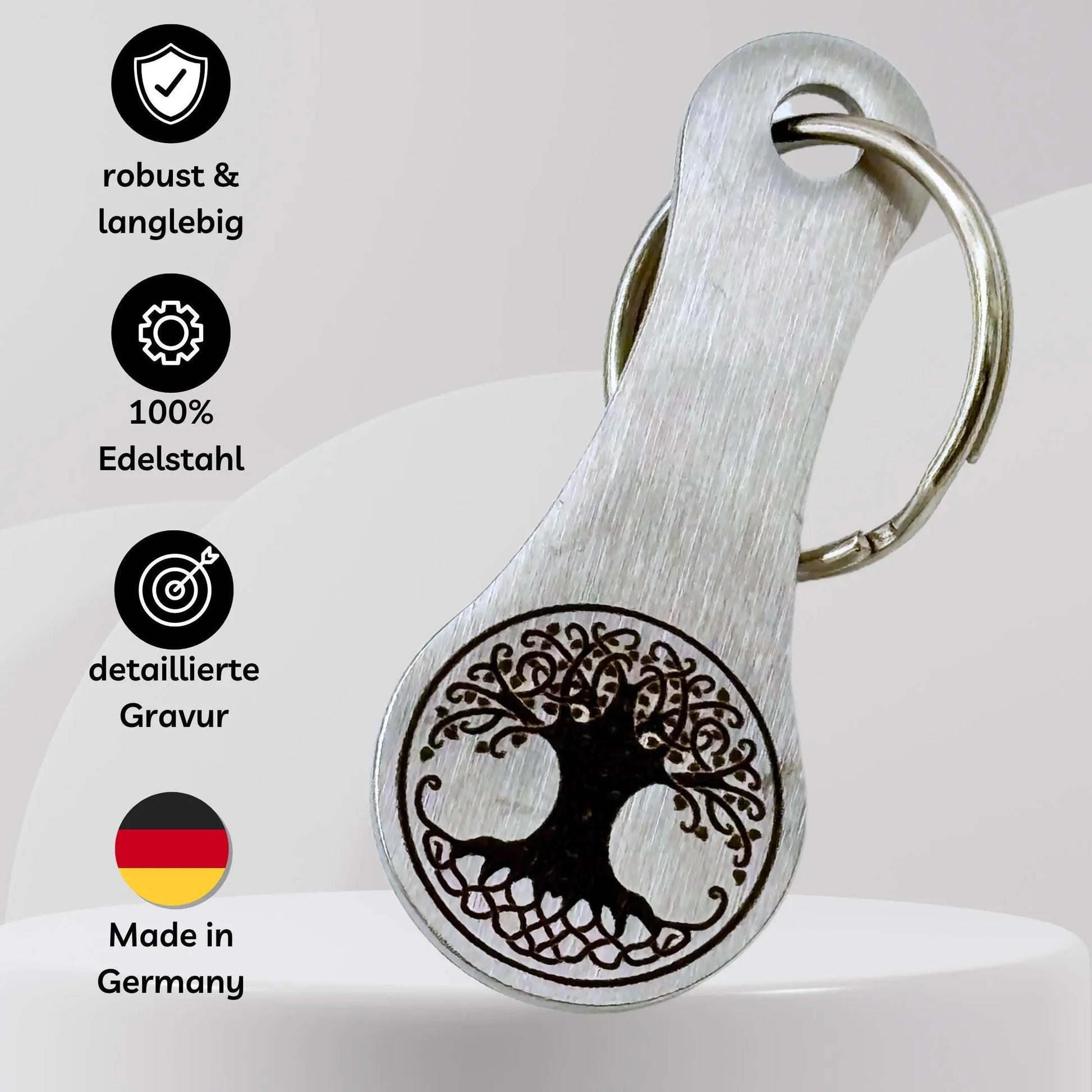 Edelstahl Einkaufswagenlöser mit detaillierter Lebensbaum Gravur – rostfrei, robust und Made in Germany