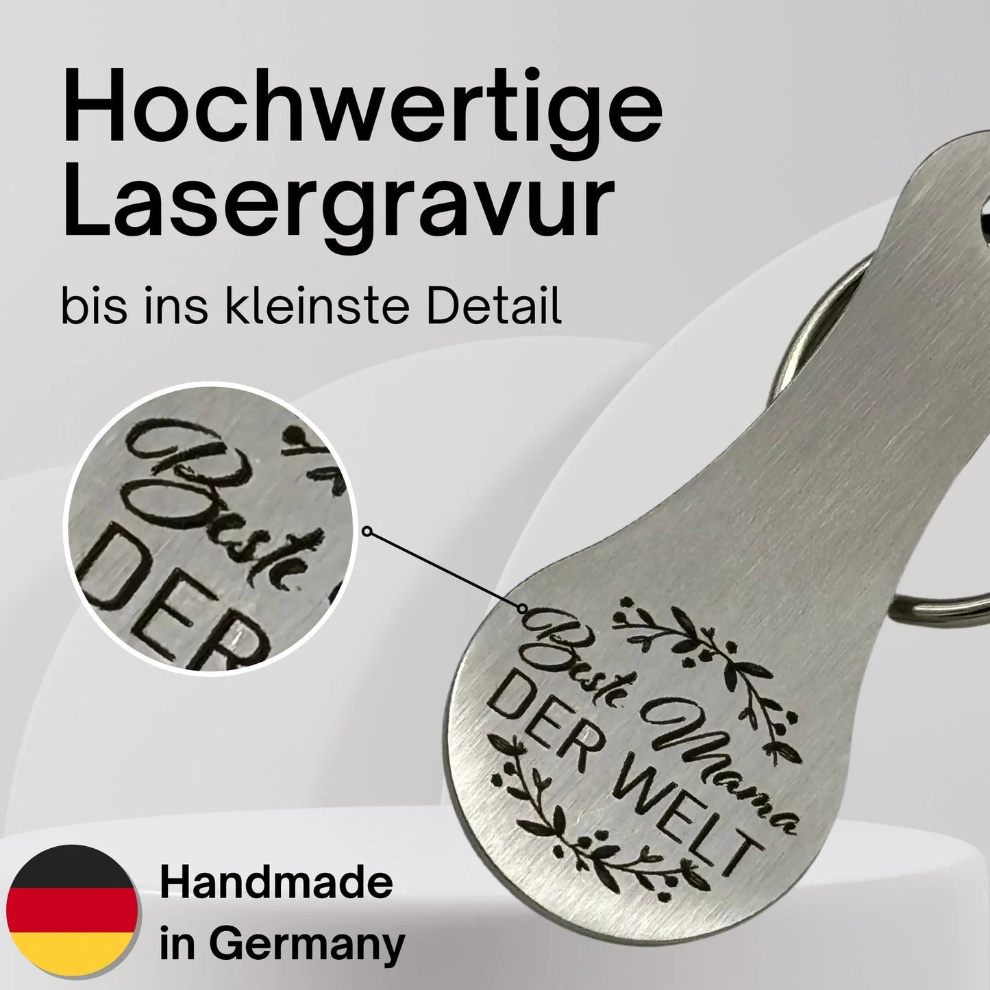 Einkaufswagenlöser aus Edelstahl mit Gravur "Beste Mama der Welt" – hochwertige Lasergravur im Detail gezeigt, Handmade in Germany.