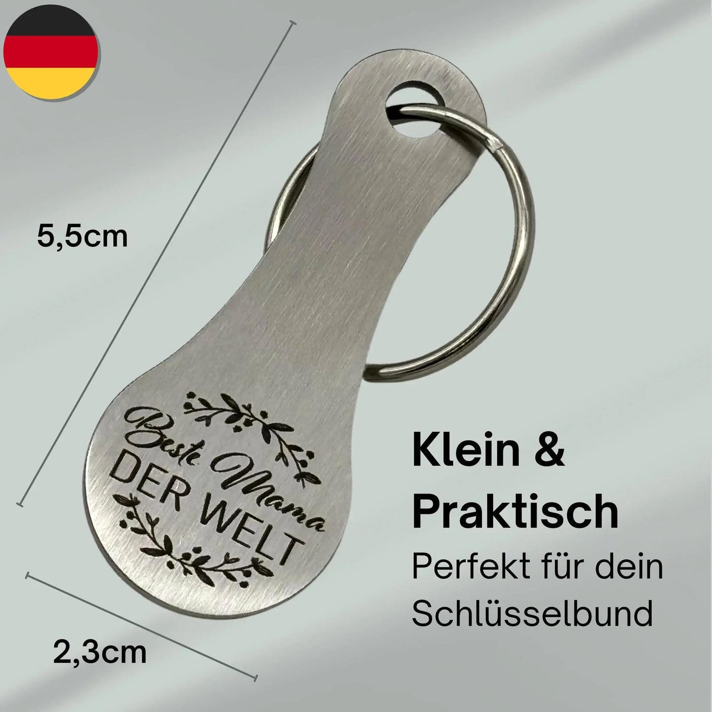 Graviertes Edelstahl-Schlüsselanhänger "Beste Mama der Welt" – kompakte Größe von 5,5 x 2,3 cm, ideal für den Schlüsselbund.