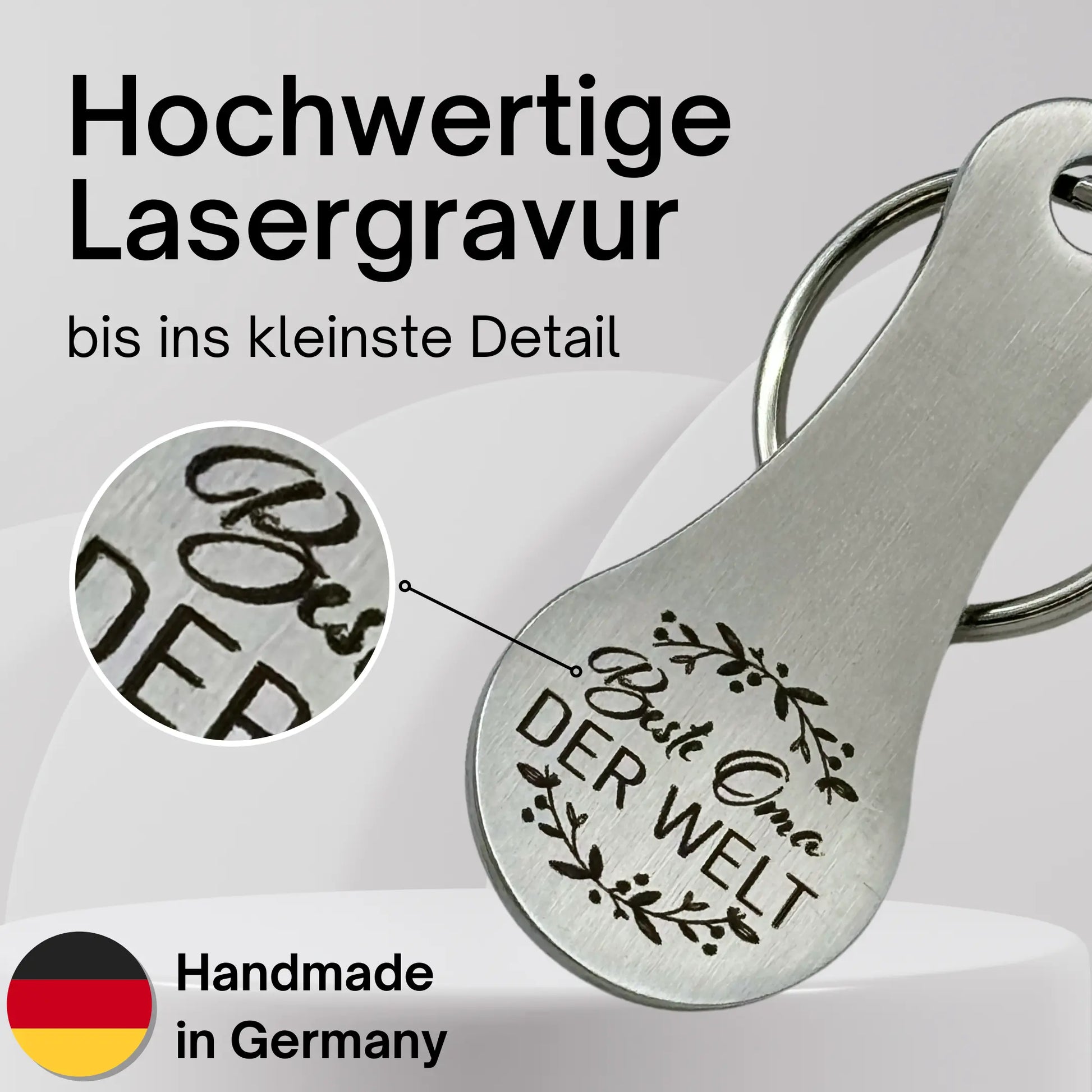 Hochwertige Lasergravur "Beste Oma der Welt" – personalisierter Einkaufswagenlöser Handmade in Germany