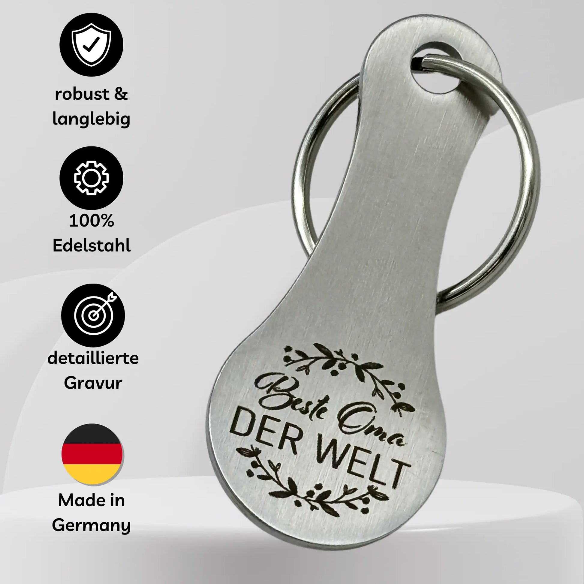 Edelstahl Einkaufswagenlöser mit Gravur "Beste Oma der Welt" – robust, langlebig und Made in Germany