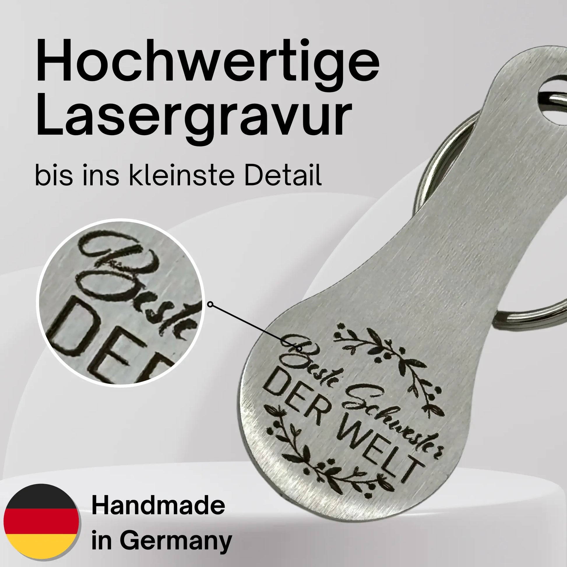 Lasergravur „Beste Schwester der Welt“ im Detail – langlebiger Schlüsselanhänger aus Edelstahl, handgemacht in Deutschland