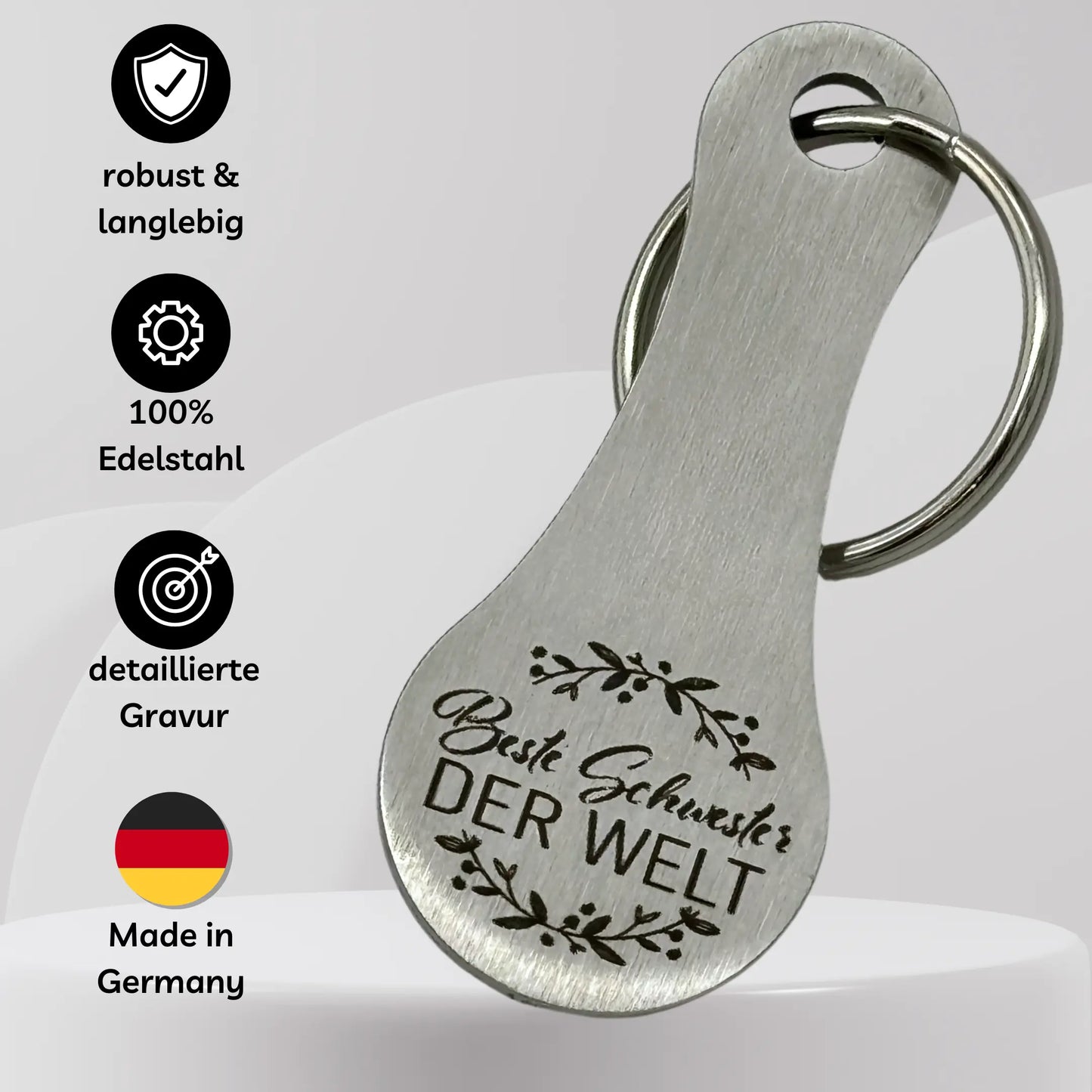 Schlüsselanhänger „Beste Schwester der Welt“ aus Edelstahl – langlebig, rostfrei, mit detaillierter Gravur und handgefertigt in Deutschland