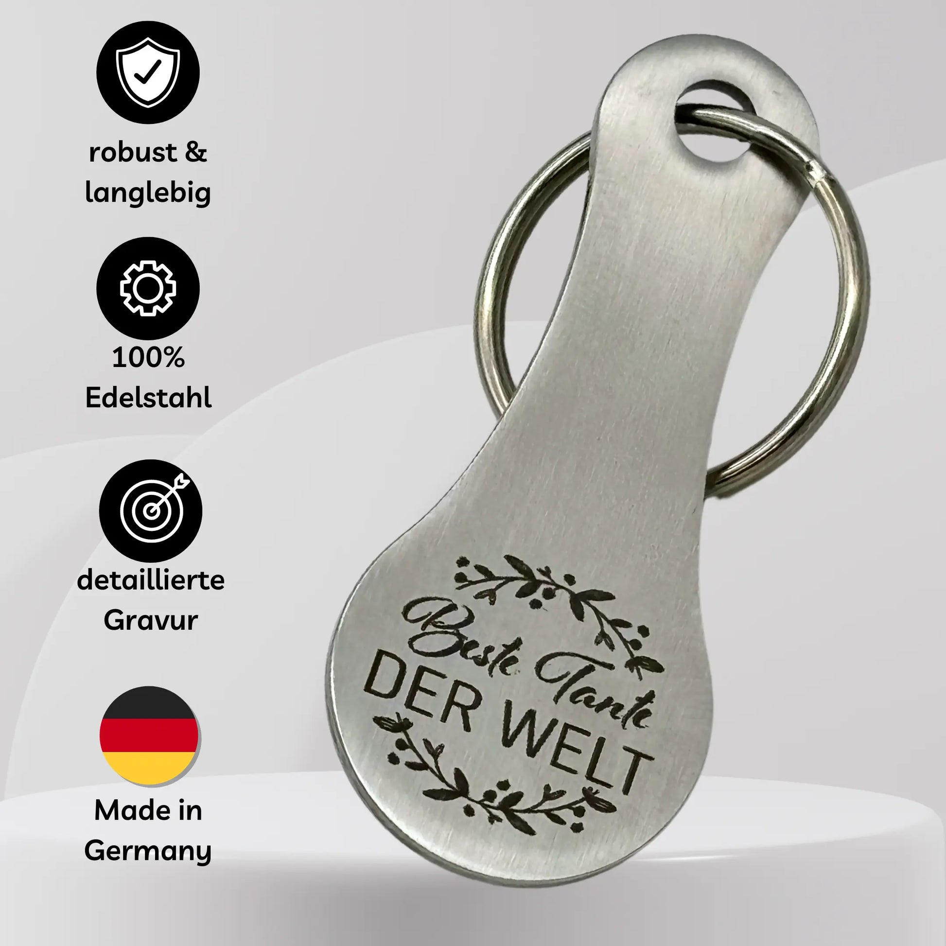 Edelstahl-Schlüsselanhänger 'Beste Tante der Welt' mit Eigenschaften: robust, langlebig, 100 % Edelstahl, Made in Germany