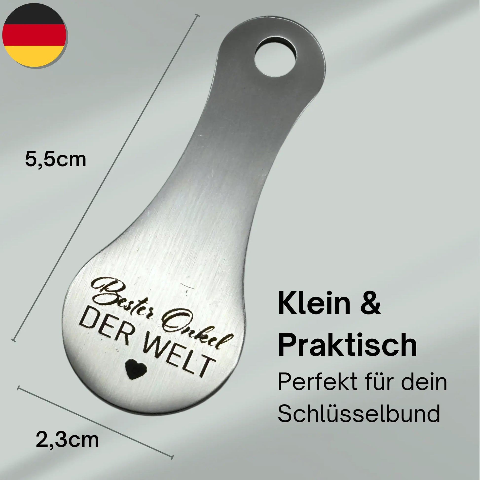 Maße des Schlüsselanhängers: 5,5 cm x 2,3 cm – gravierter Einkaufswagenlöser „Bester Onkel der Welt“ aus Edelstahl, kompakt und praktisch für den Schlüsselbund