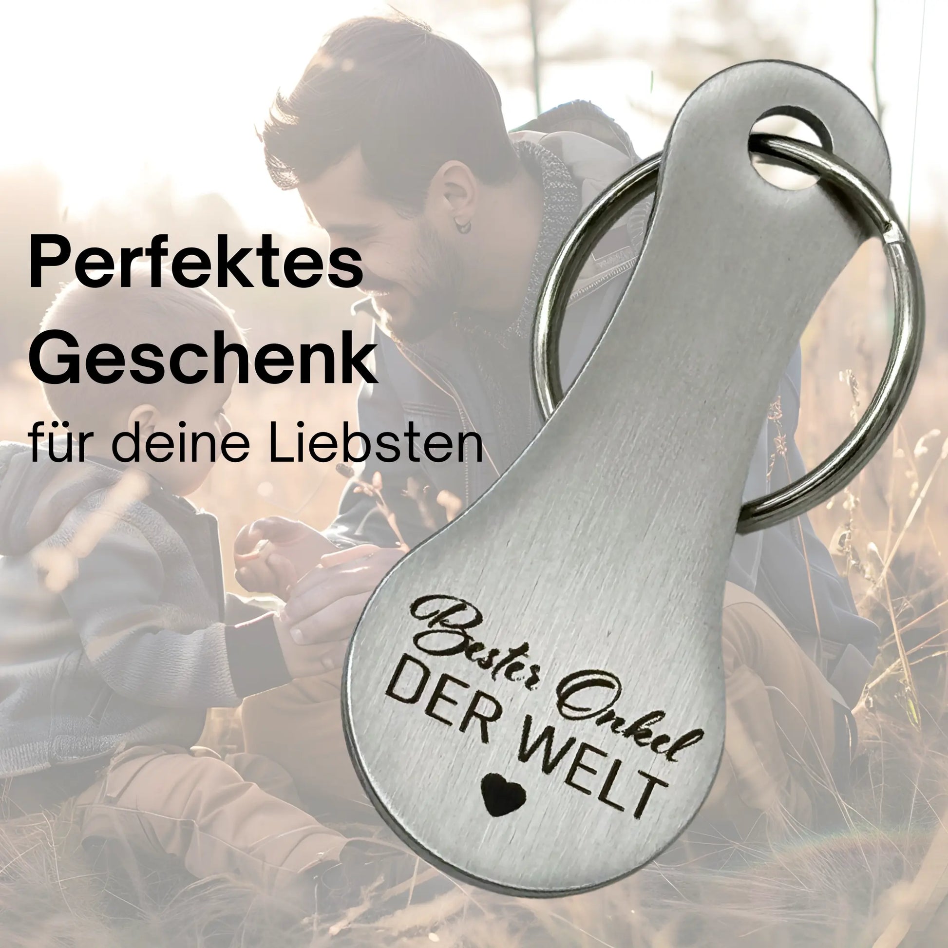 Schlüsselanhänger „Bester Onkel der Welt“ – das perfekte Geschenk für Familie, mit Gravur, Edelstahl, emotionale Darstellung mit Onkel und Kind im Hintergrund
