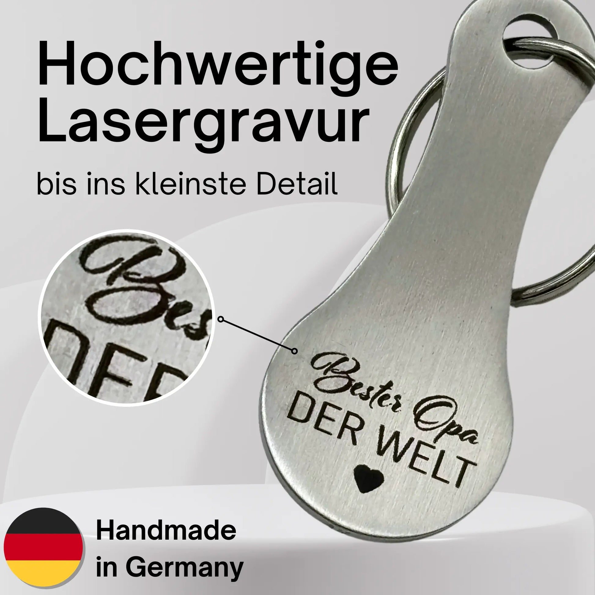 Detaillierte Lasergravur „Bester Opa der Welt“ auf Edelstahl-Schlüsselanhänger – handmade in Germany, Fokus auf Gravurqualität