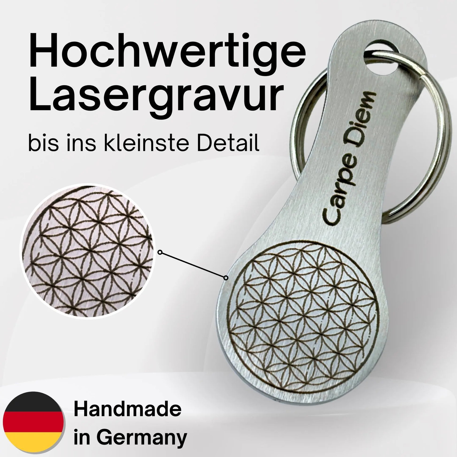 Edelstahl Einkaufswagenlöser mit feiner Lasergravur "Carpe Diem" und Blume des Lebens – Nahaufnahme der detailreichen Gravur