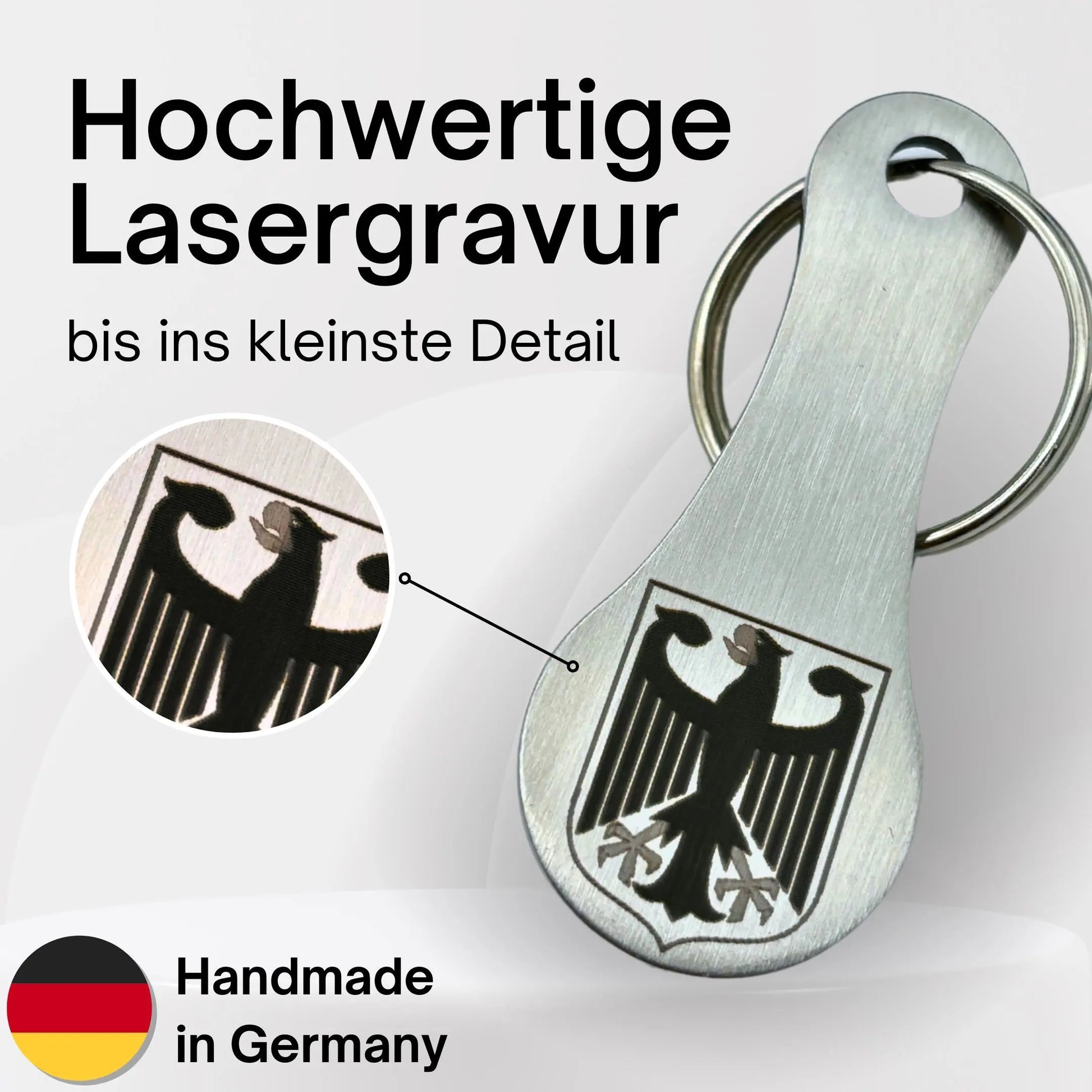 Einkaufswagenlöser aus Edelstahl mit Bundesadler Gravur – Detailansicht der Lasergravur