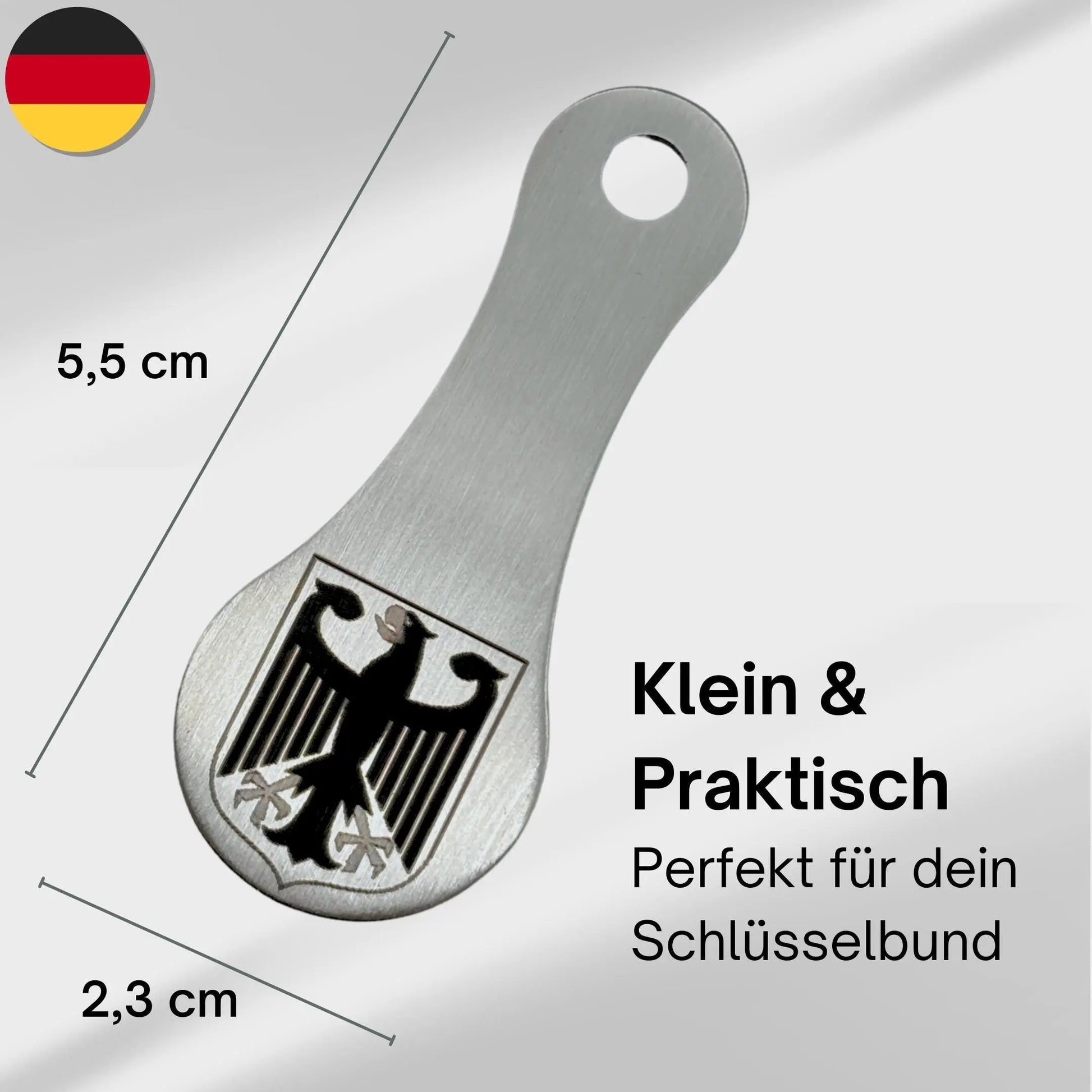 Bundesadler-Schlüsselanhänger mit Maßangaben – kompakter Einkaufschip aus Edelstahl