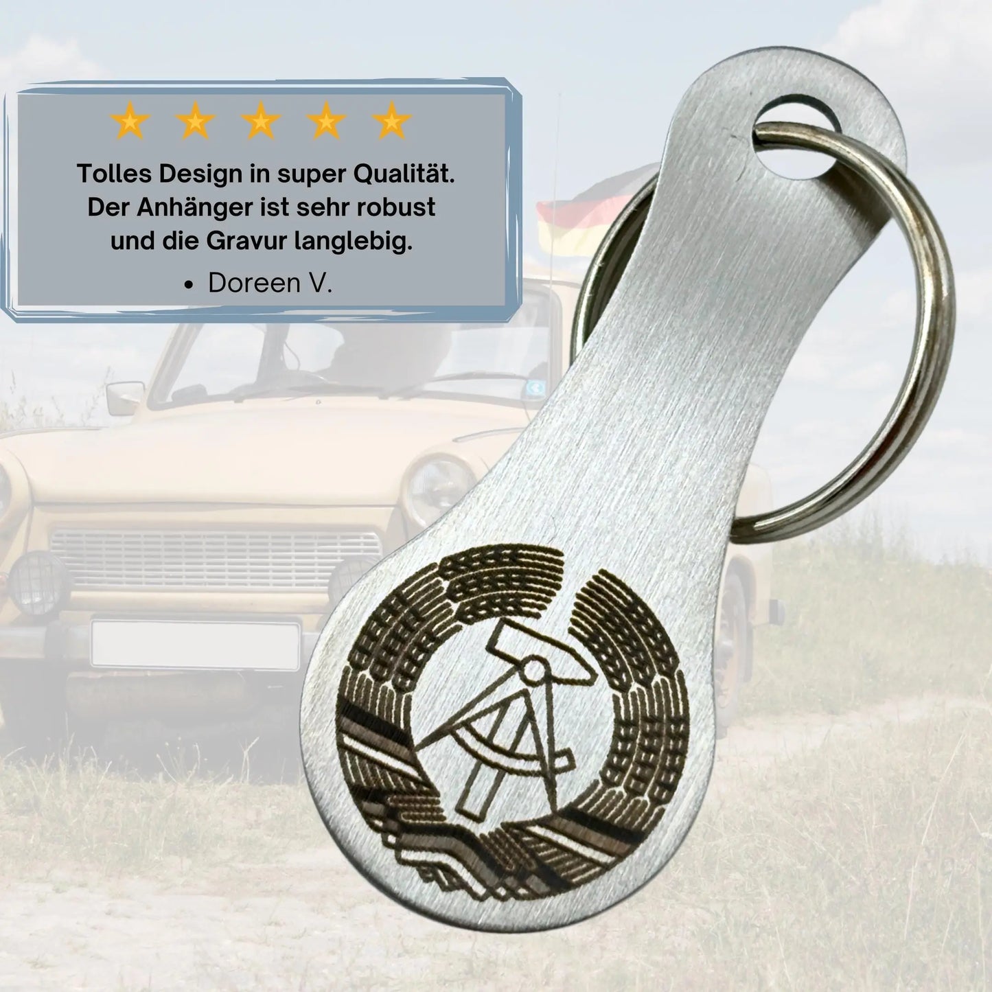 Kundenbewertung zu DDR-Schlüsselanhänger – stabiles Design mit langlebiger Gravur, ideal als Geschenk