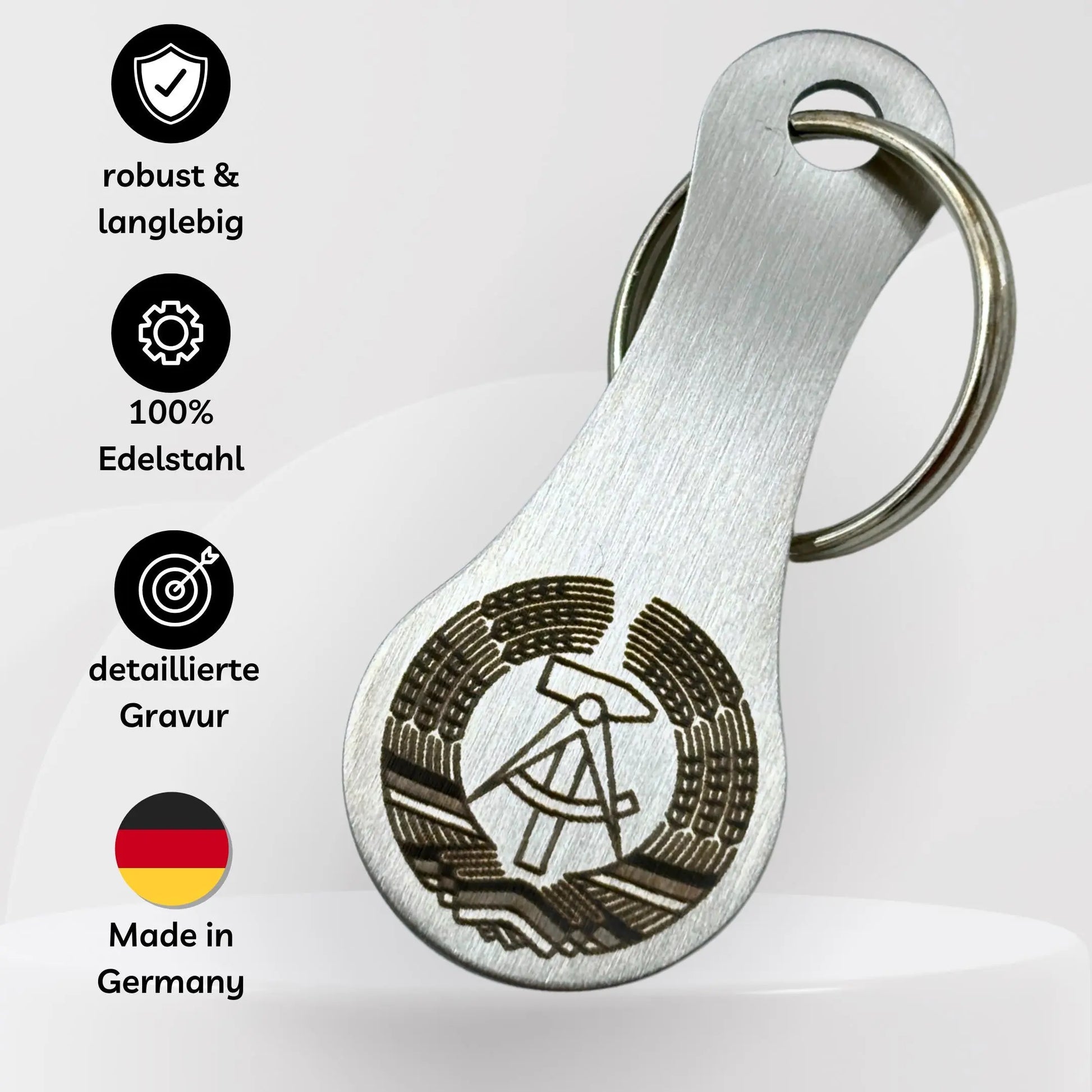 Robuster DDR-Einkaufswagenlöser mit detaillierter Gravur – langlebig, 100 % Edelstahl, Made in Germany