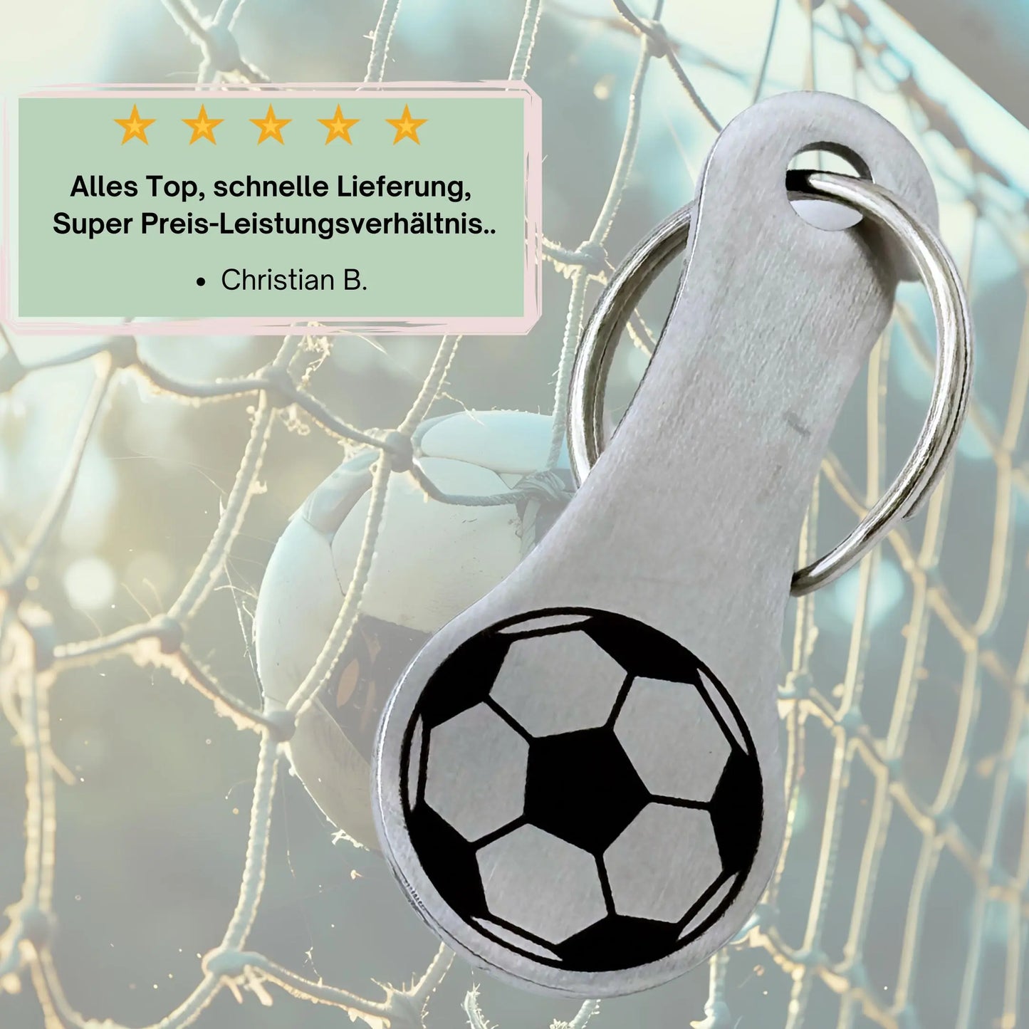 Kundenbewertung zu Fußball-Einkaufswagenlöser mit Hintergrundbild eines Fußballnetzes – hohe Zufriedenheit