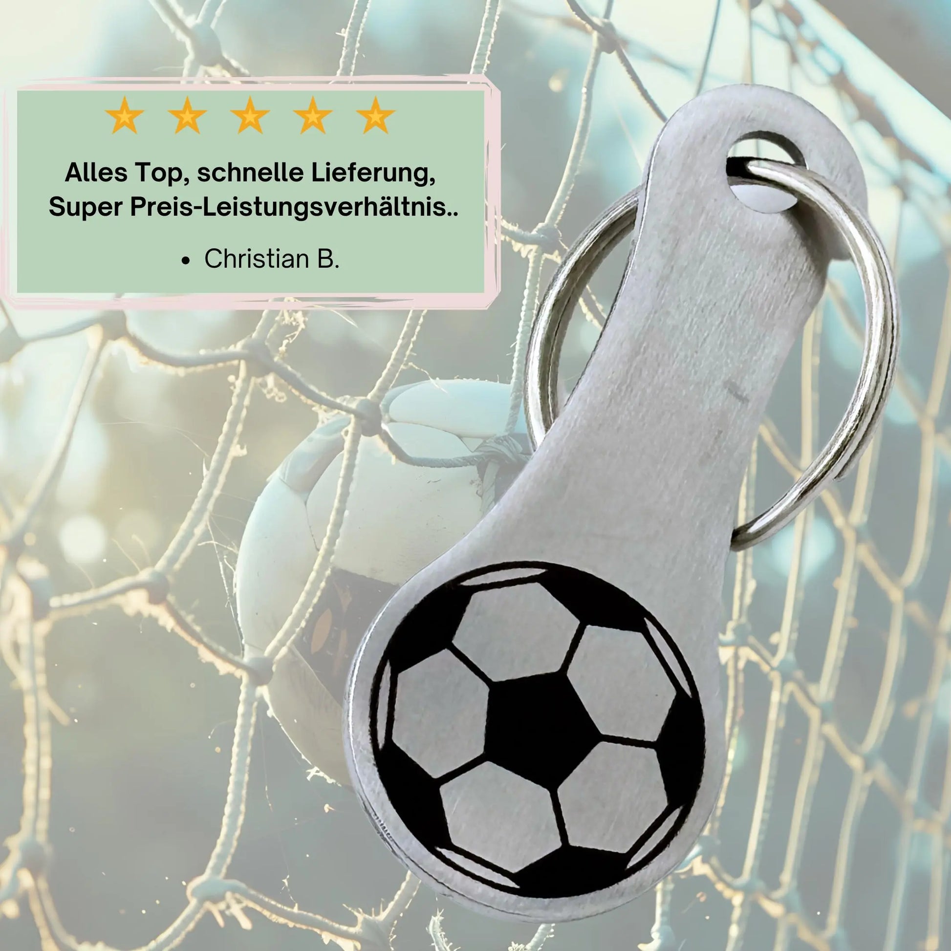 Kundenbewertung zu Fußball-Einkaufswagenlöser mit Hintergrundbild eines Fußballnetzes – hohe Zufriedenheit